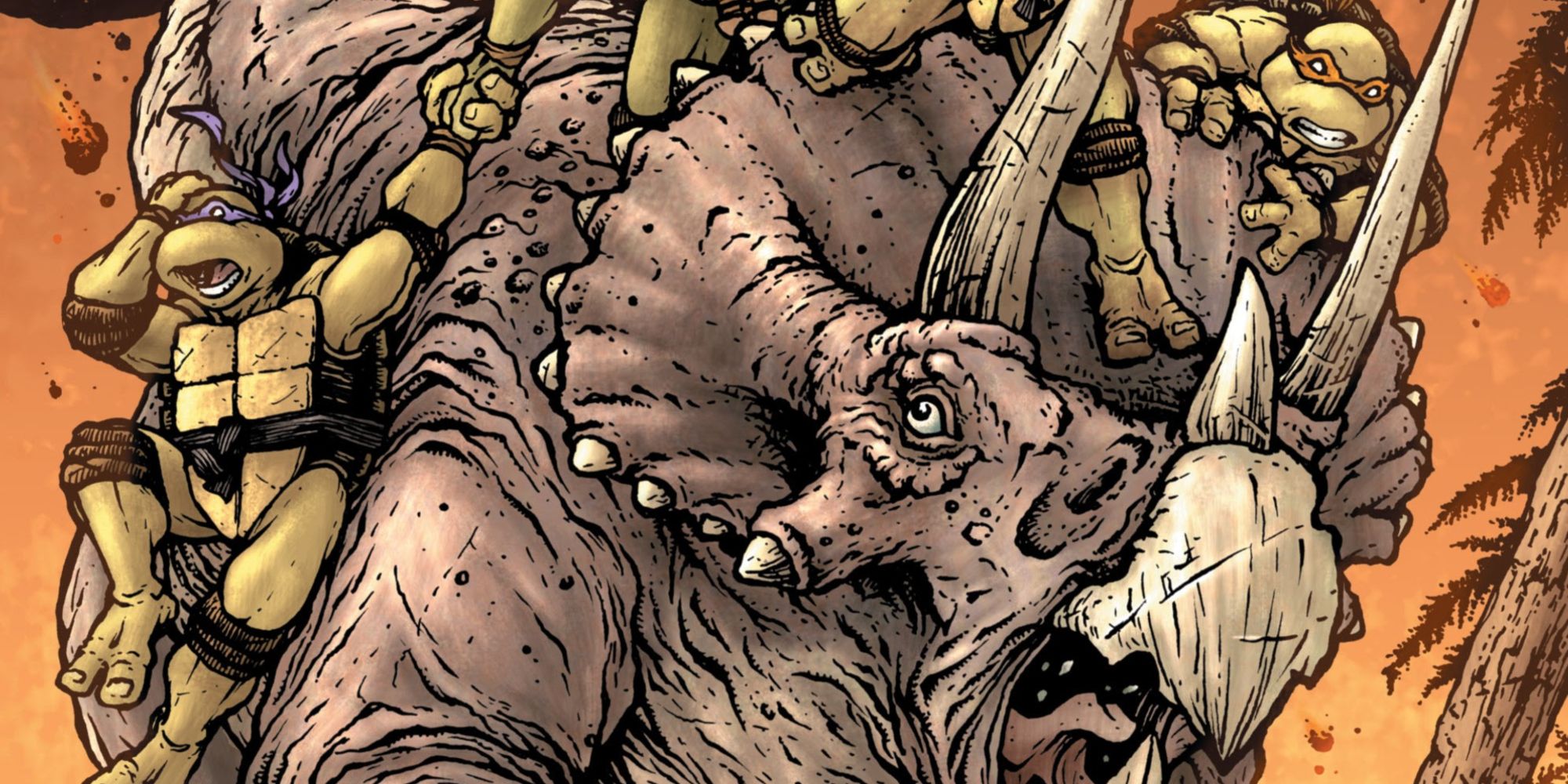 Teenage Mutant Ninja Turtles wrestle a triceratops in IDW comics.
