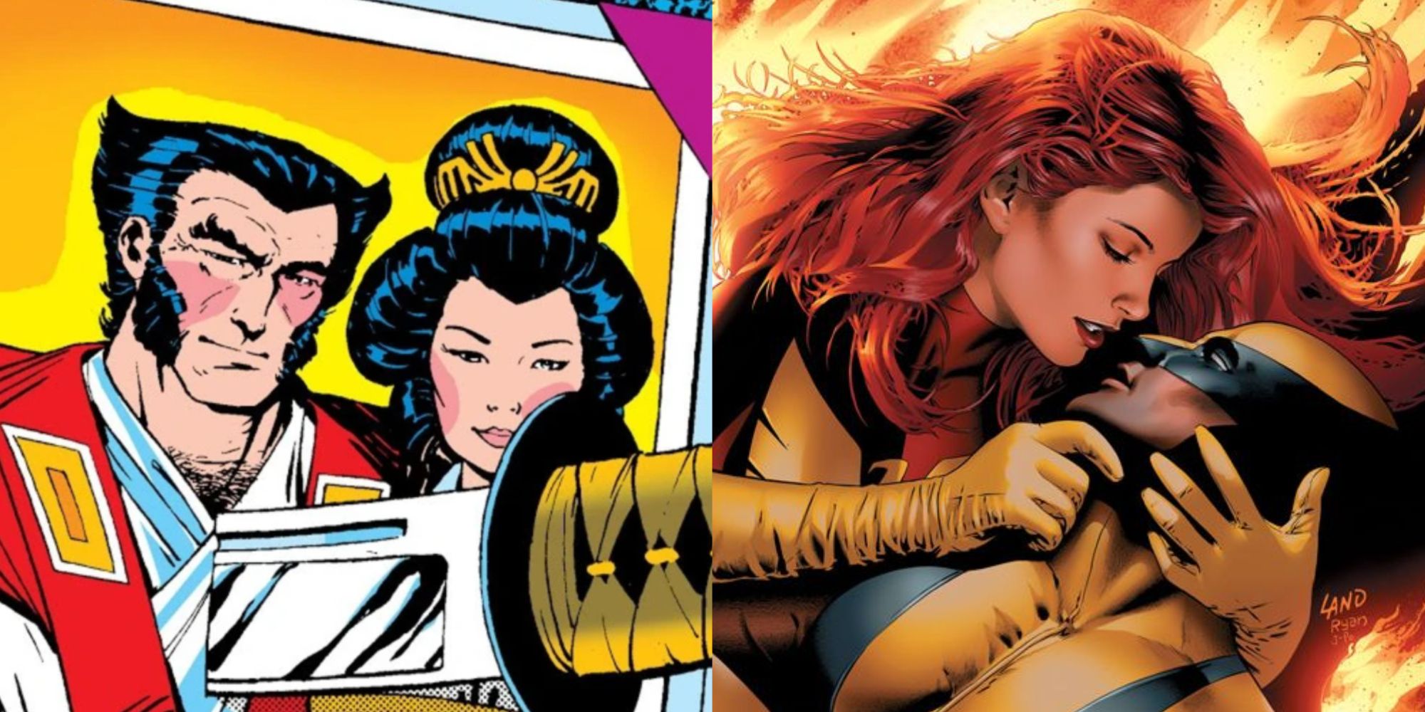 Split image of Wolverine with Mariko and embracing Jean Grey in Marvel Comics.