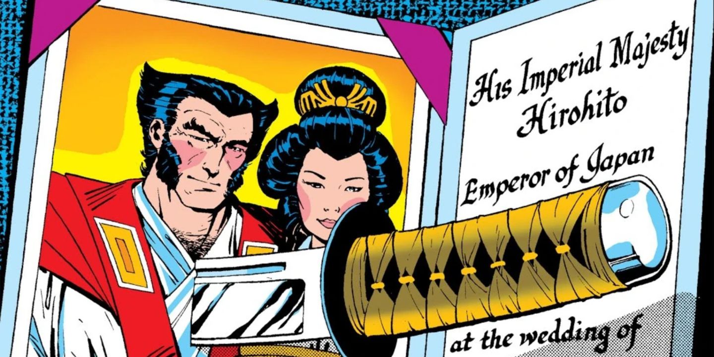Wolverine and Mariko's wedding invitation with a sword through it in Marvel Comics.