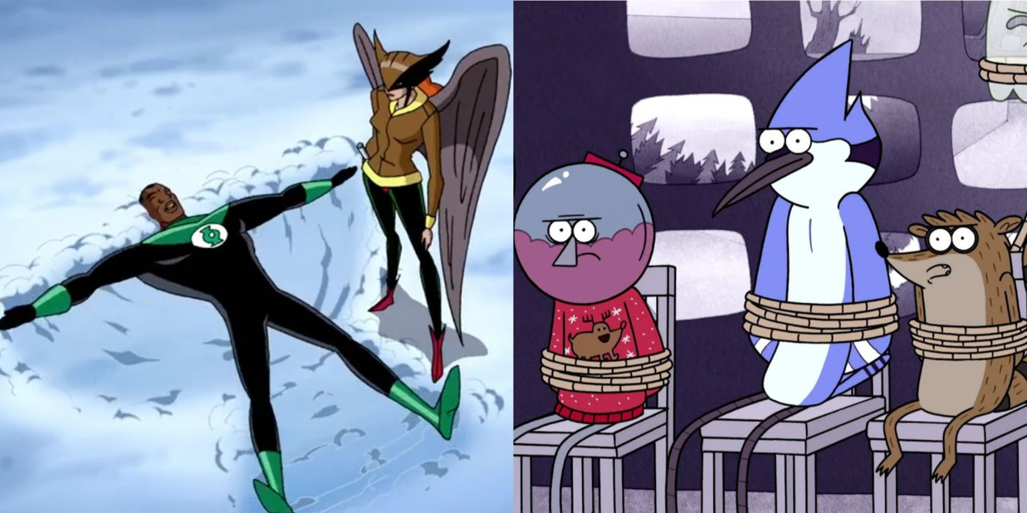 Green Lantern makes snow angels while Mordecai and Rigby watch while tied up