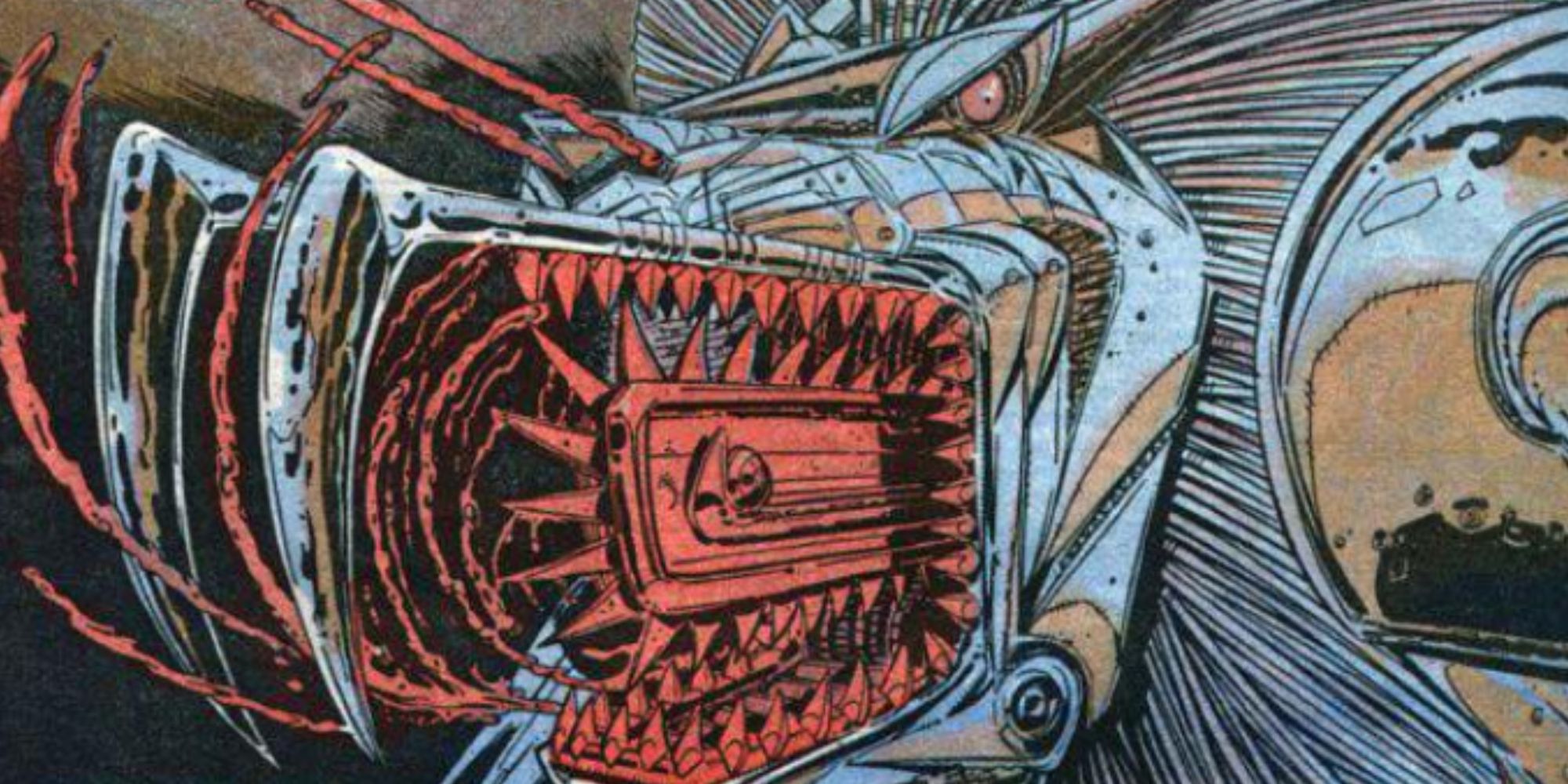 Uma criatura de metal com uma boca de motosserra ataca nos quadrinhos Metalzoic.