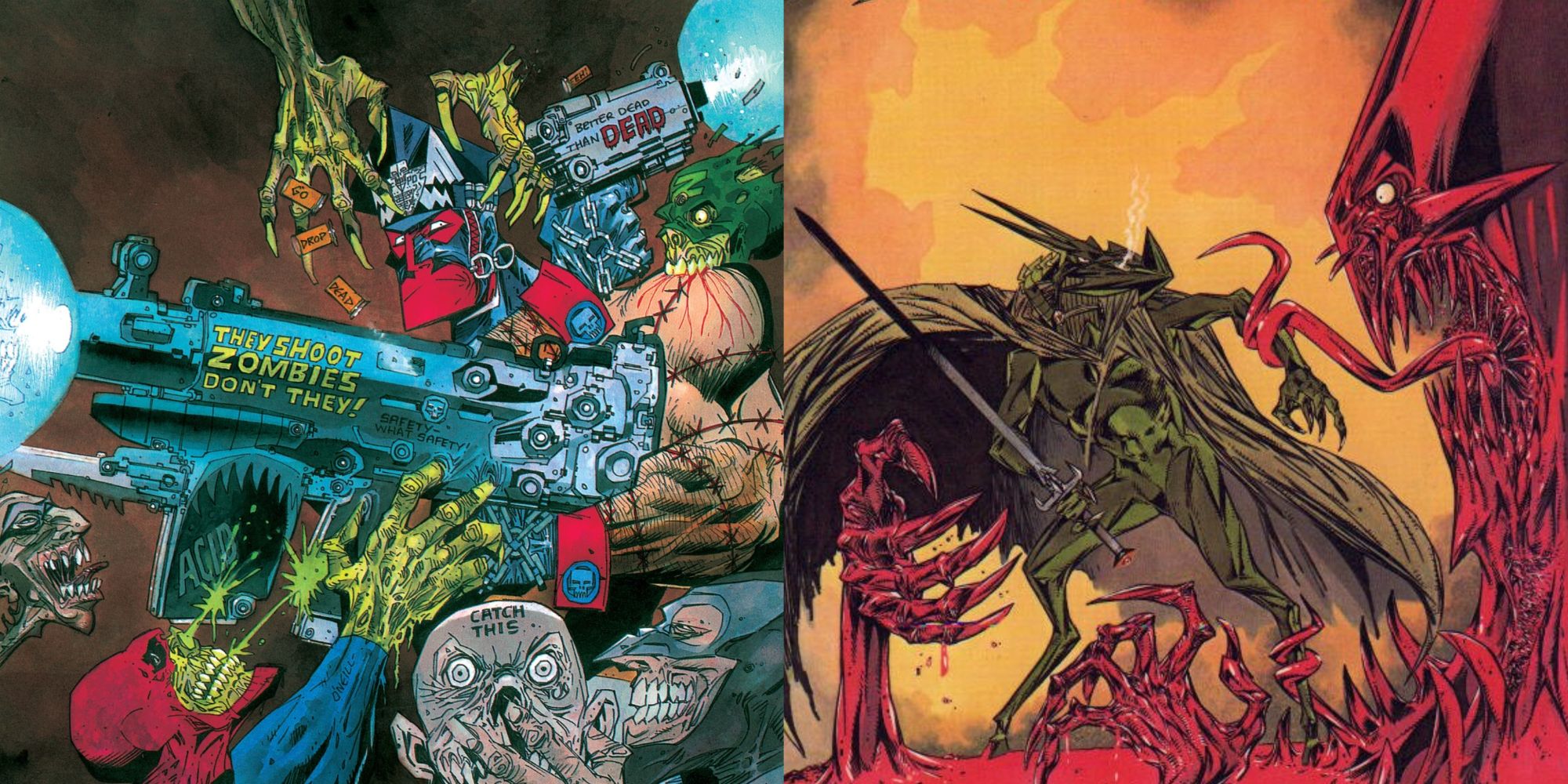 Split image of Marshal Law and Nemesis the Warlock comic book art by Kevin O'Neill.