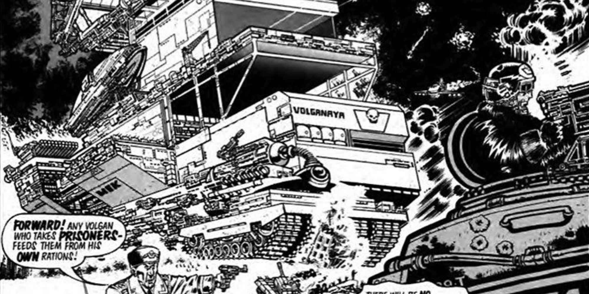 Ataque de tanques gigantes nos quadrinhos Ro-Busters de Kevin O'Neill.
