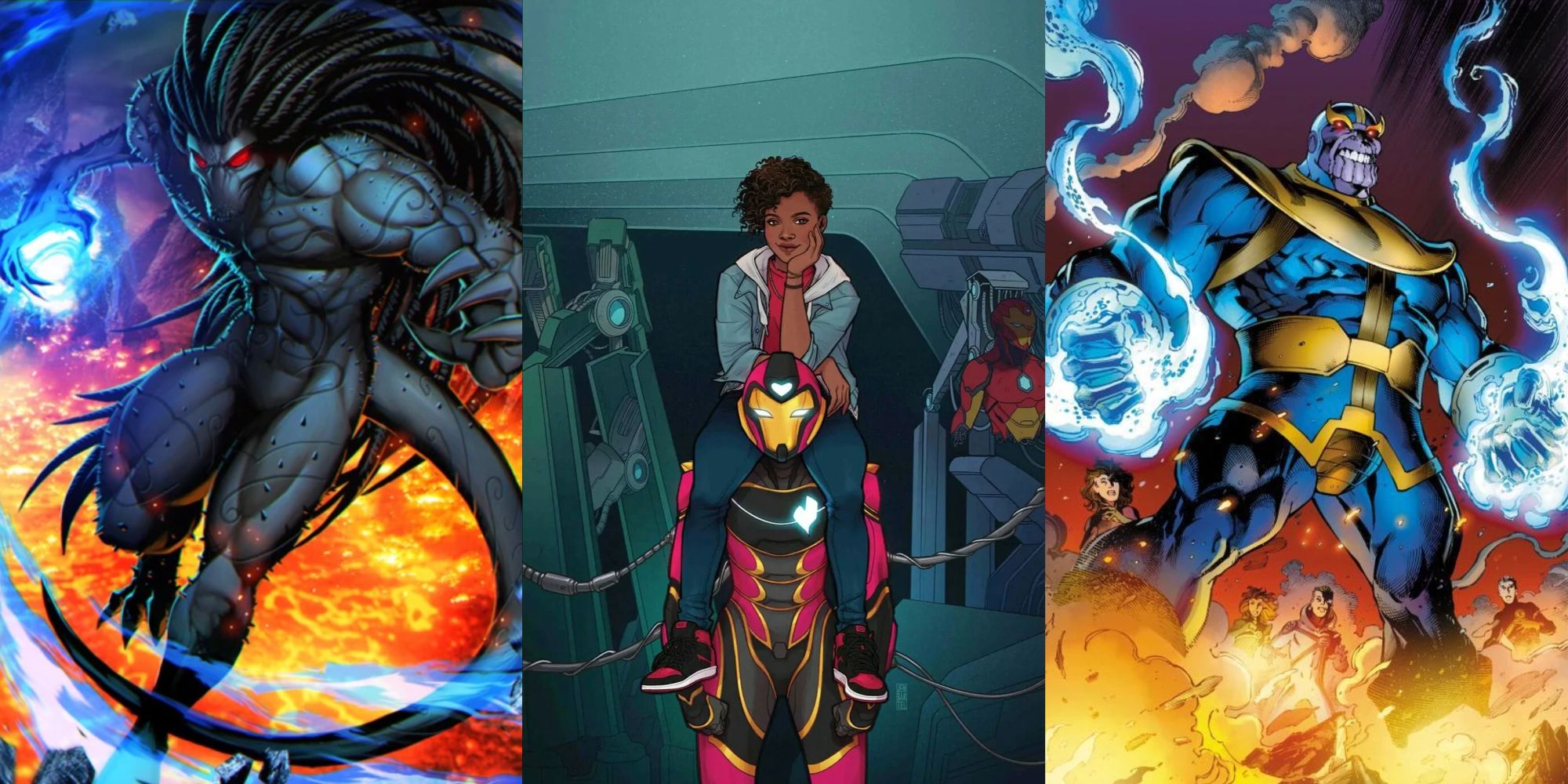 Split image of Blackheart, Ironheart, and Thanos from Marvel Comics.