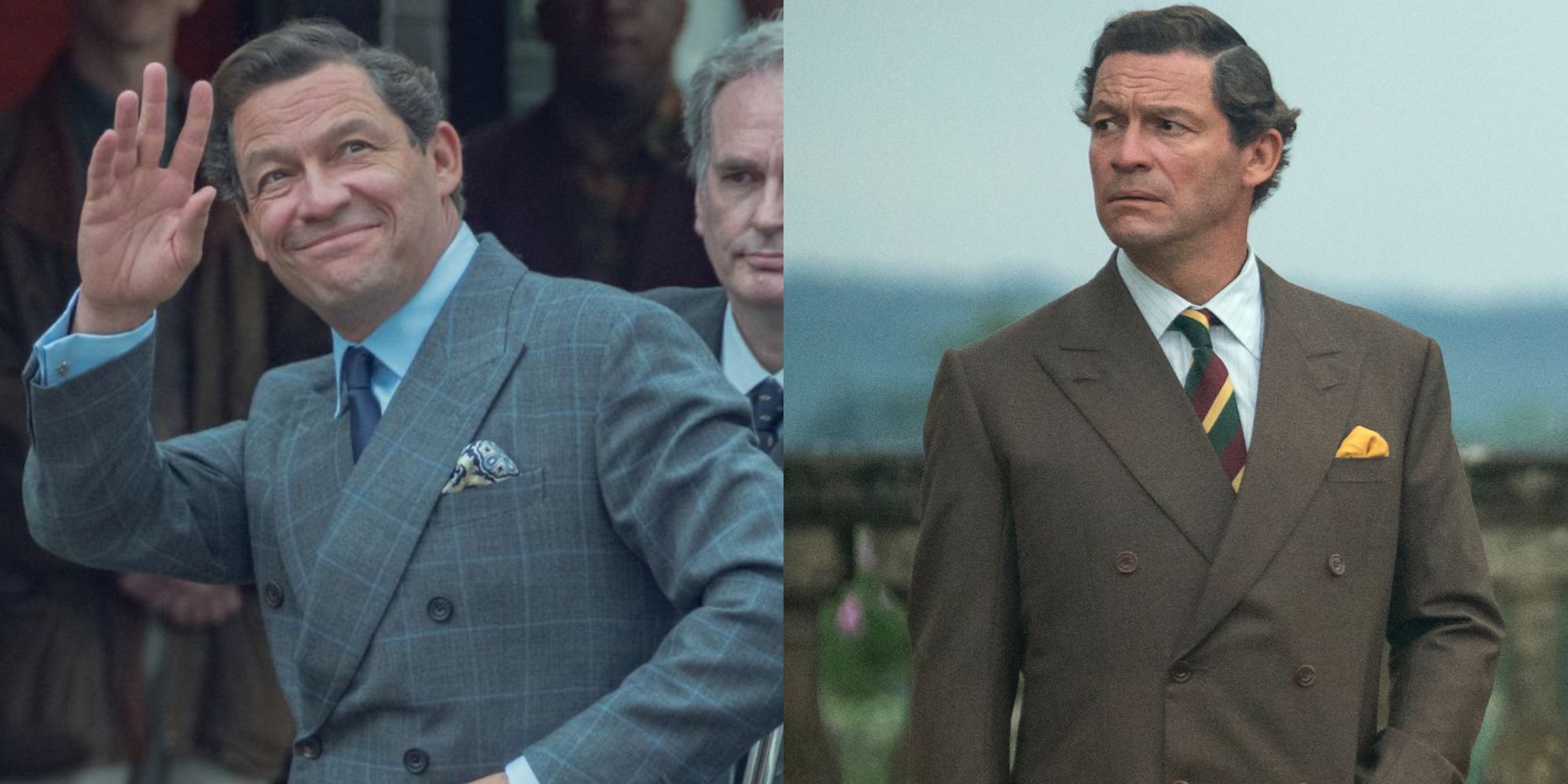 Split images of Dominic West as Prince Charles in The Crown Season 5