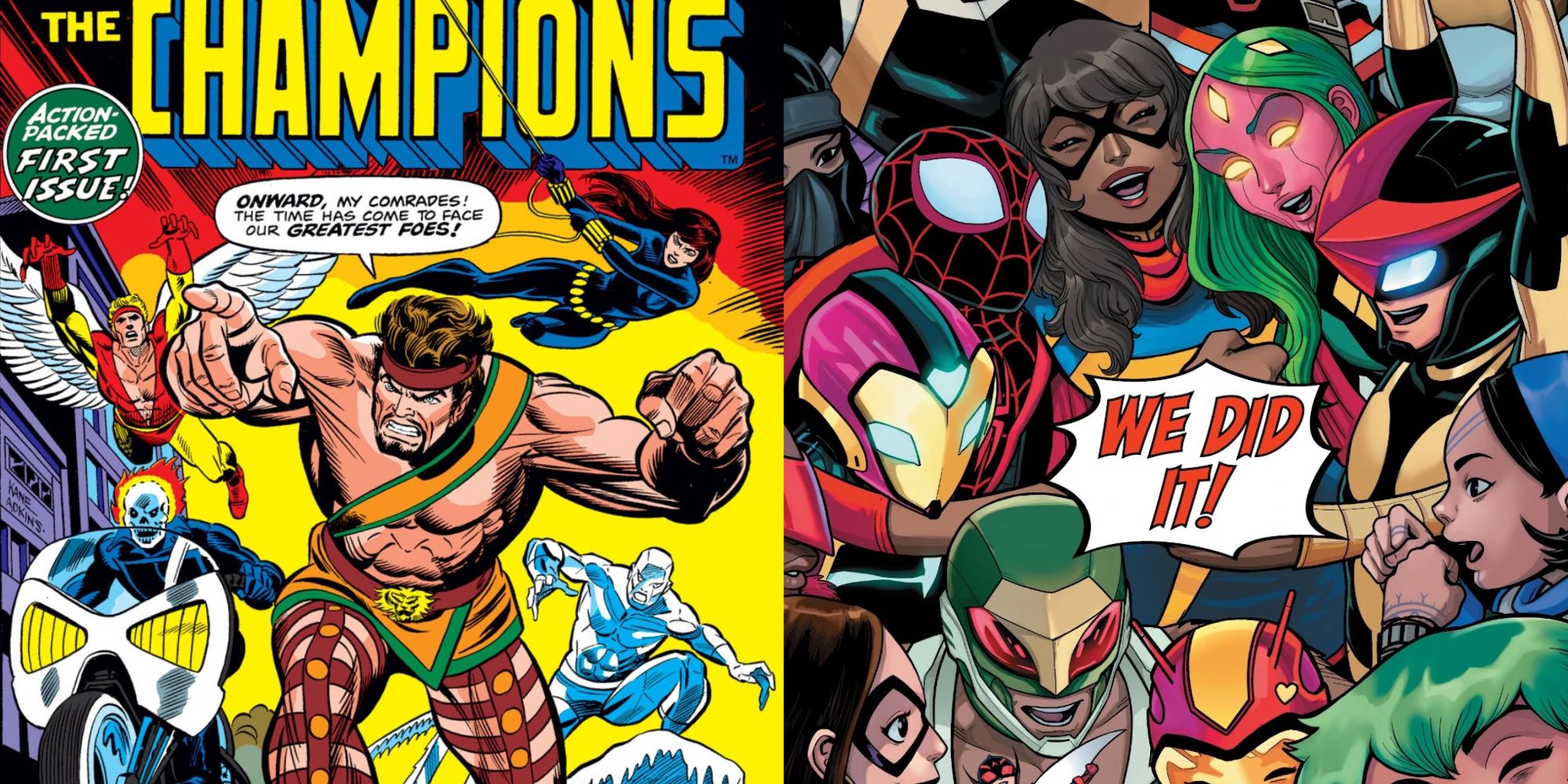 Split image of the original Champions team and the 2016 version from Marvel Comics.