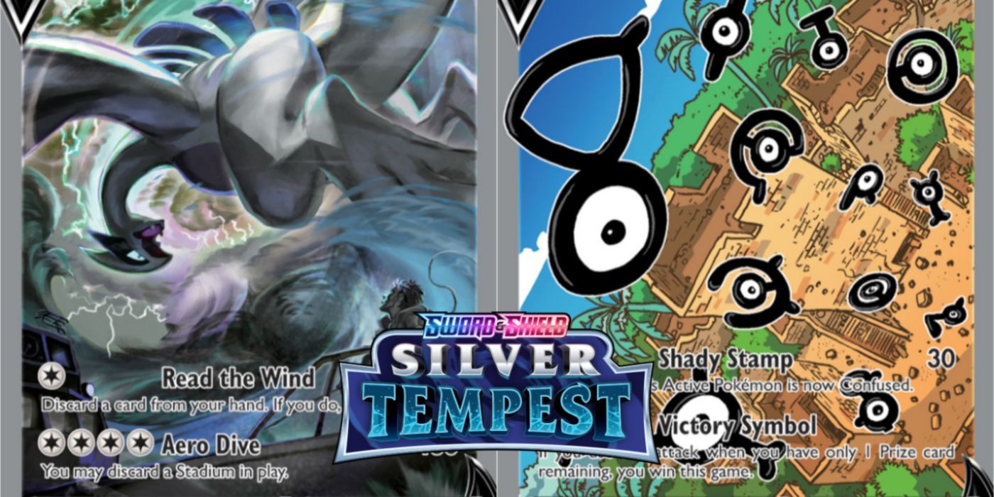 A split image of Lugia V (alt art) and Unown V (alt art) from Pokemon TCG: Silver Tempest.