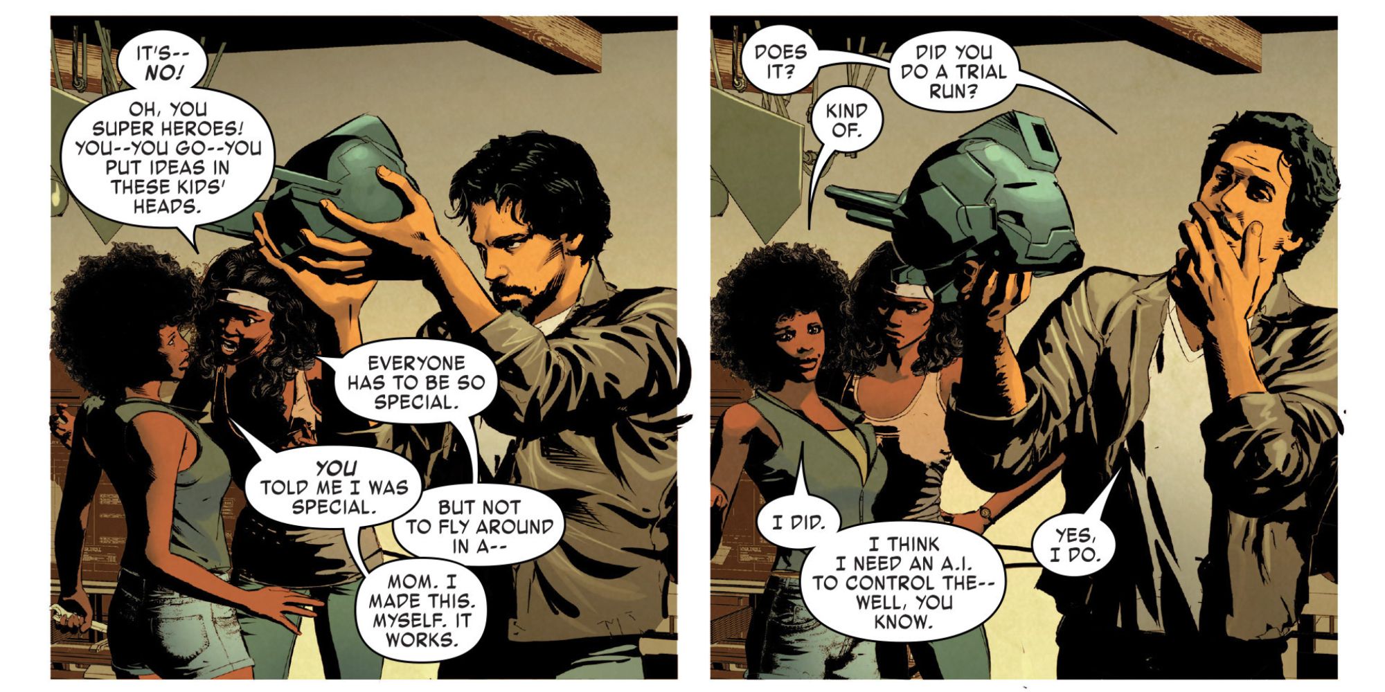 Tony Stark inspects Ironheart's armor in Marvel Comics.