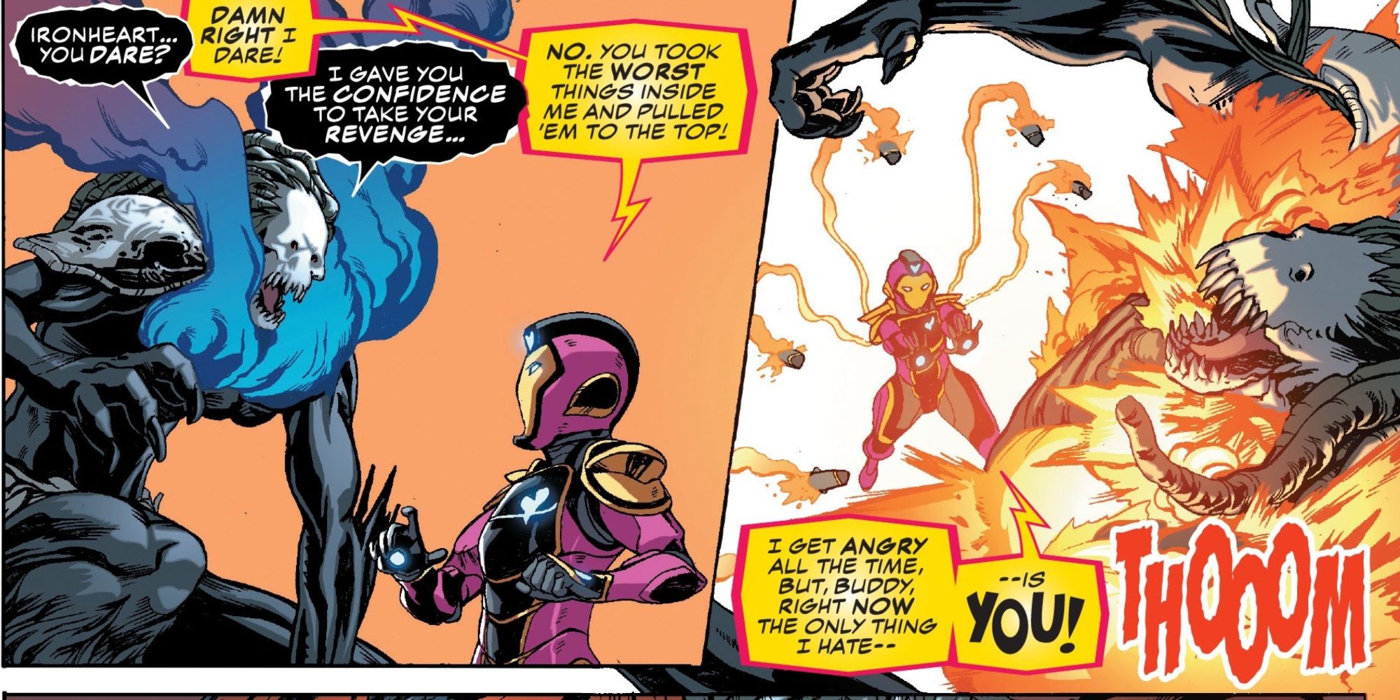 Ironheart fights Blackheart in Marvel Comics.