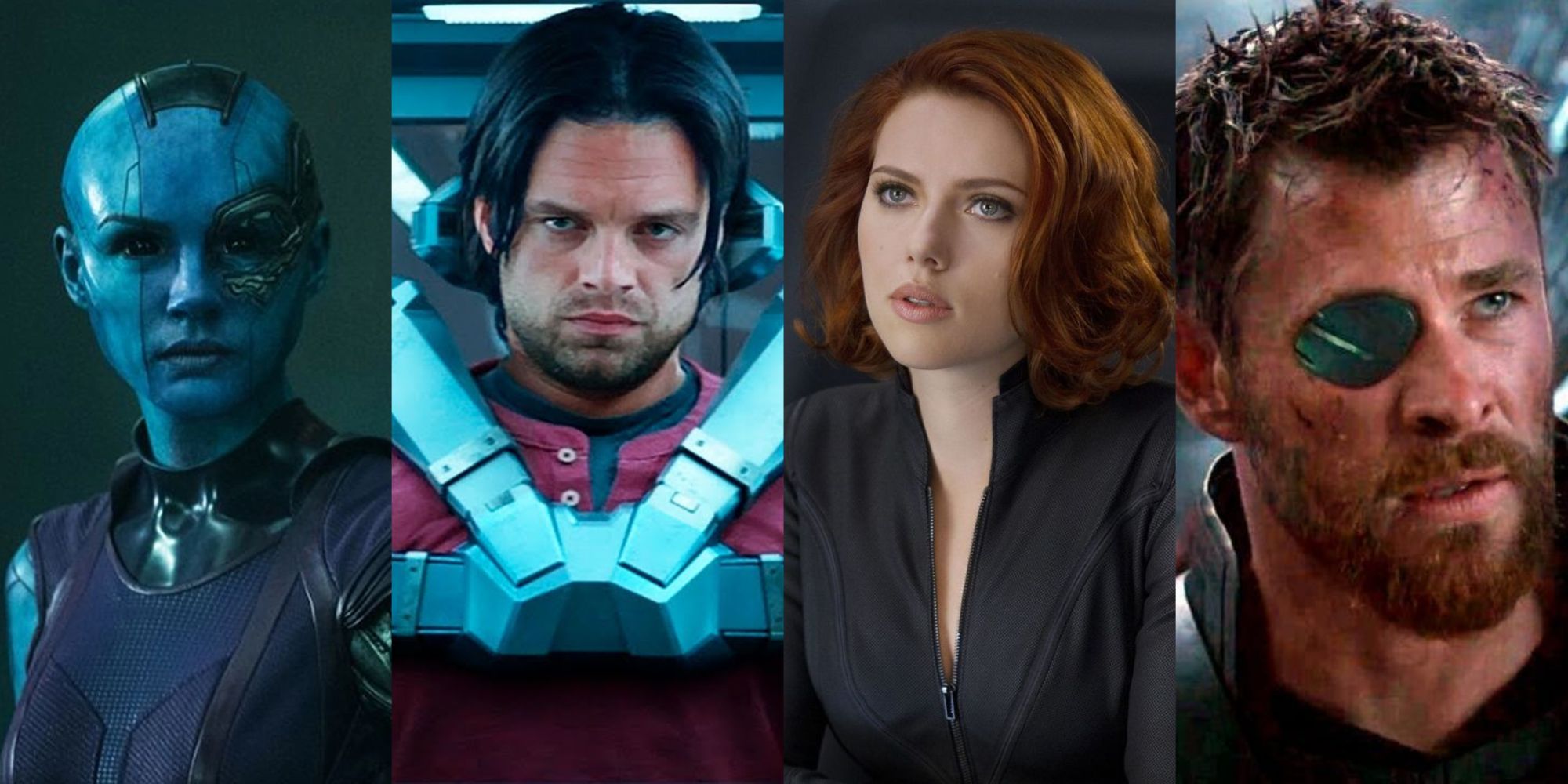A split image of Nebula, Bucky, Natasha, and Thor from the MCU is shown.