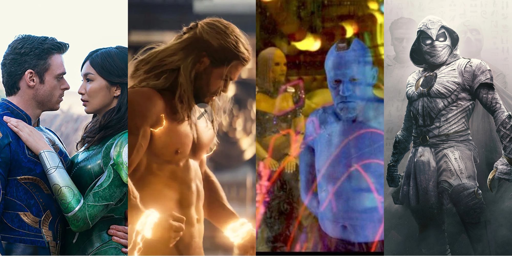 A split image of MCU characters Ikaris, Sersei, Thor, Yondu, and Moon Knight is shown.