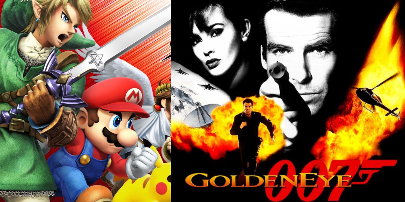 Mario and Link charge into battle in Super Smash Bros., and James Bond dramatically points his gun next to Natalya Simonva, as another James Bond runs away from a fiery explosion in Goldeneye 007.