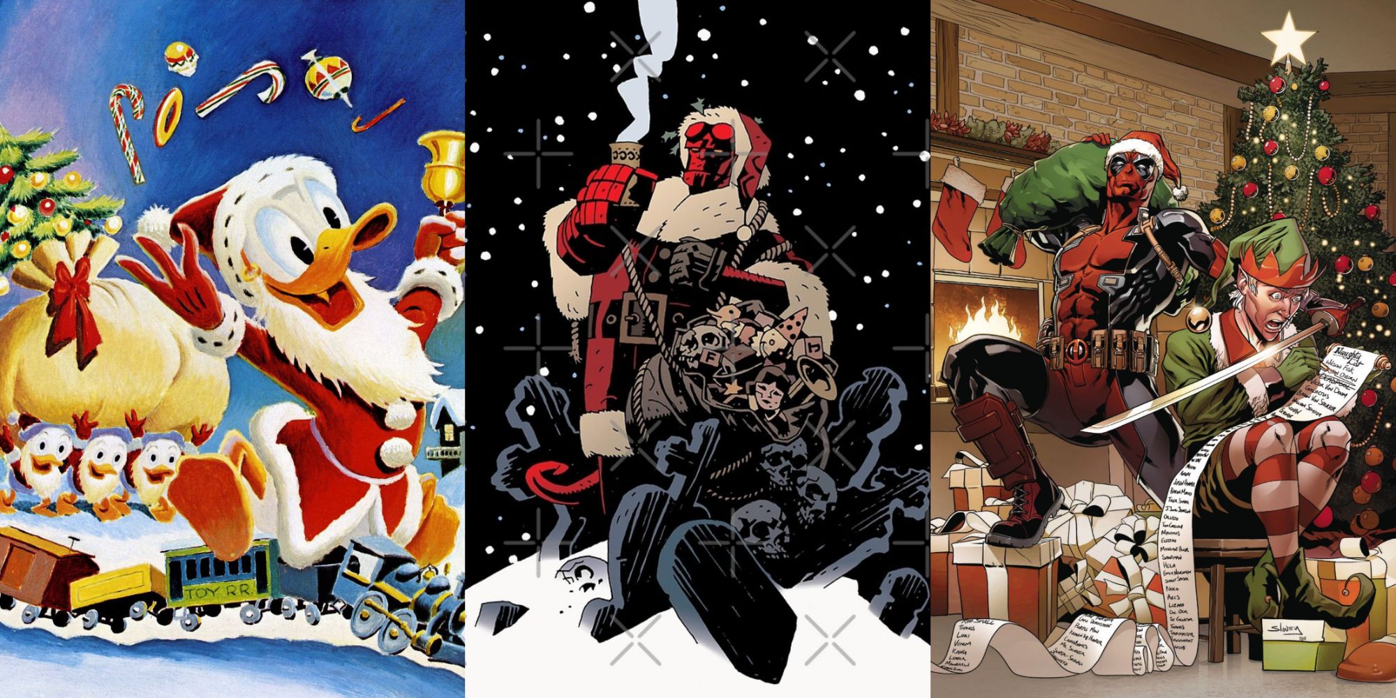 Donald Duck celebrates Christmas with Hellboy and Deadpool
