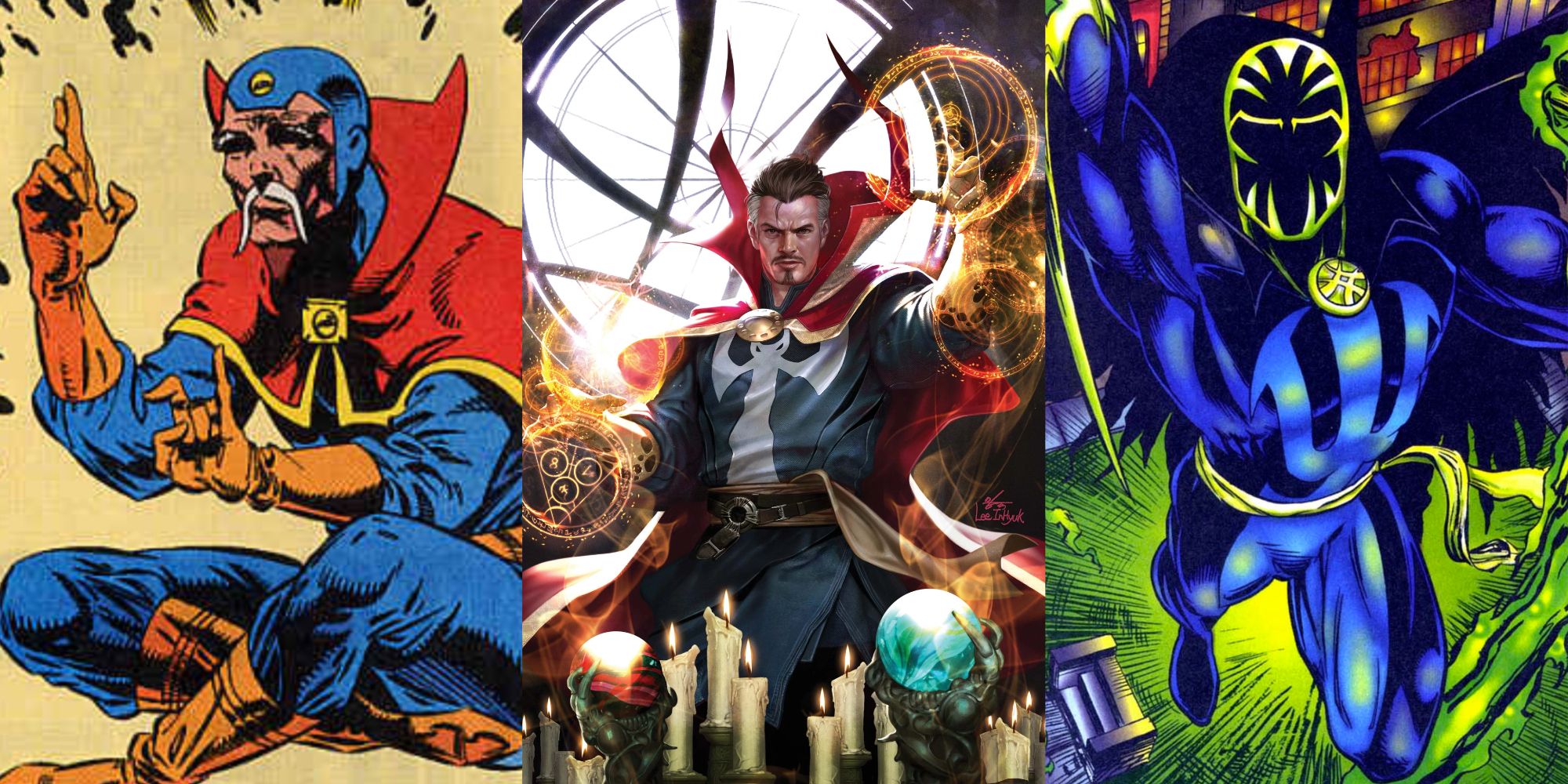 Split image of The Ancient One from the 31st century, Doctor Strange, and Paradox from Marvel Comics.
