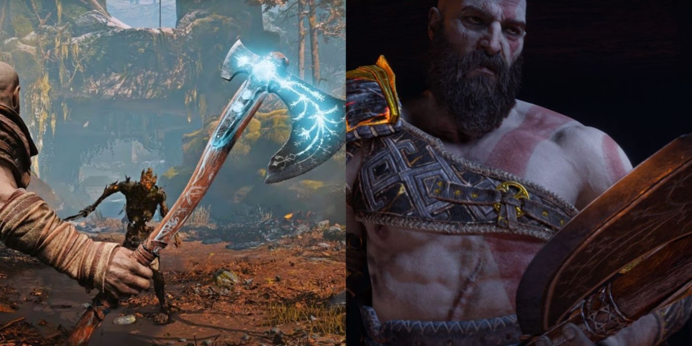 A split image of Kratos holding his axe in god of war ragnarok.