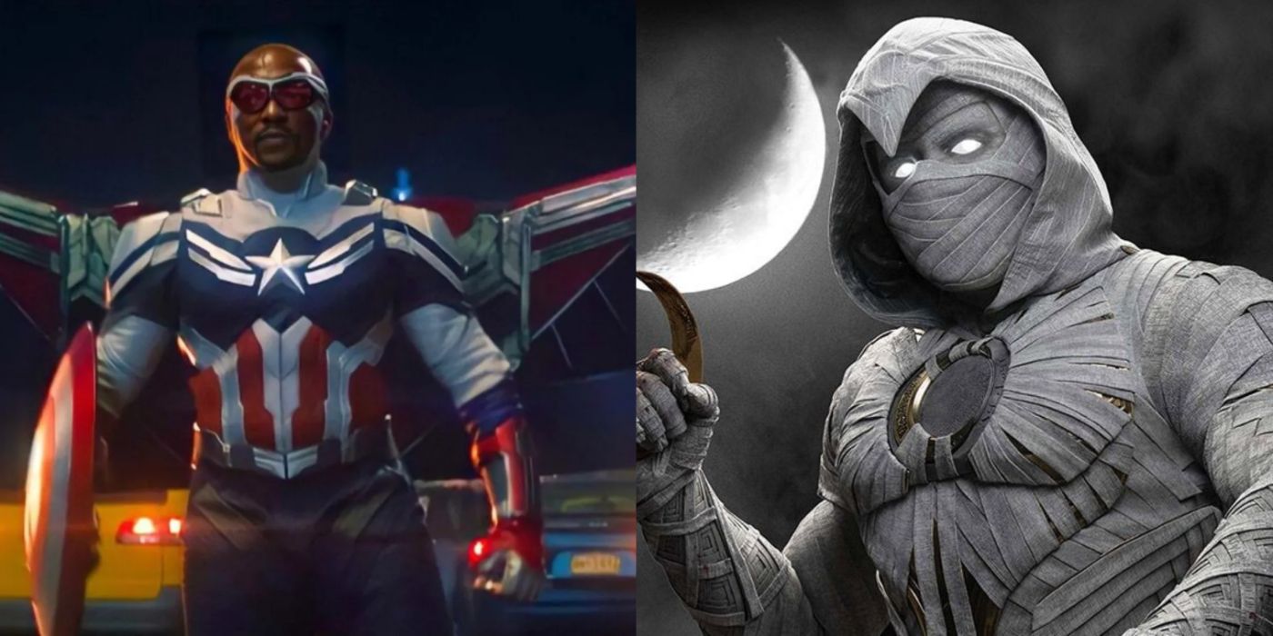 Split image of Sam Wilson and Moon Knight from Marvel TV on Disney Plus.