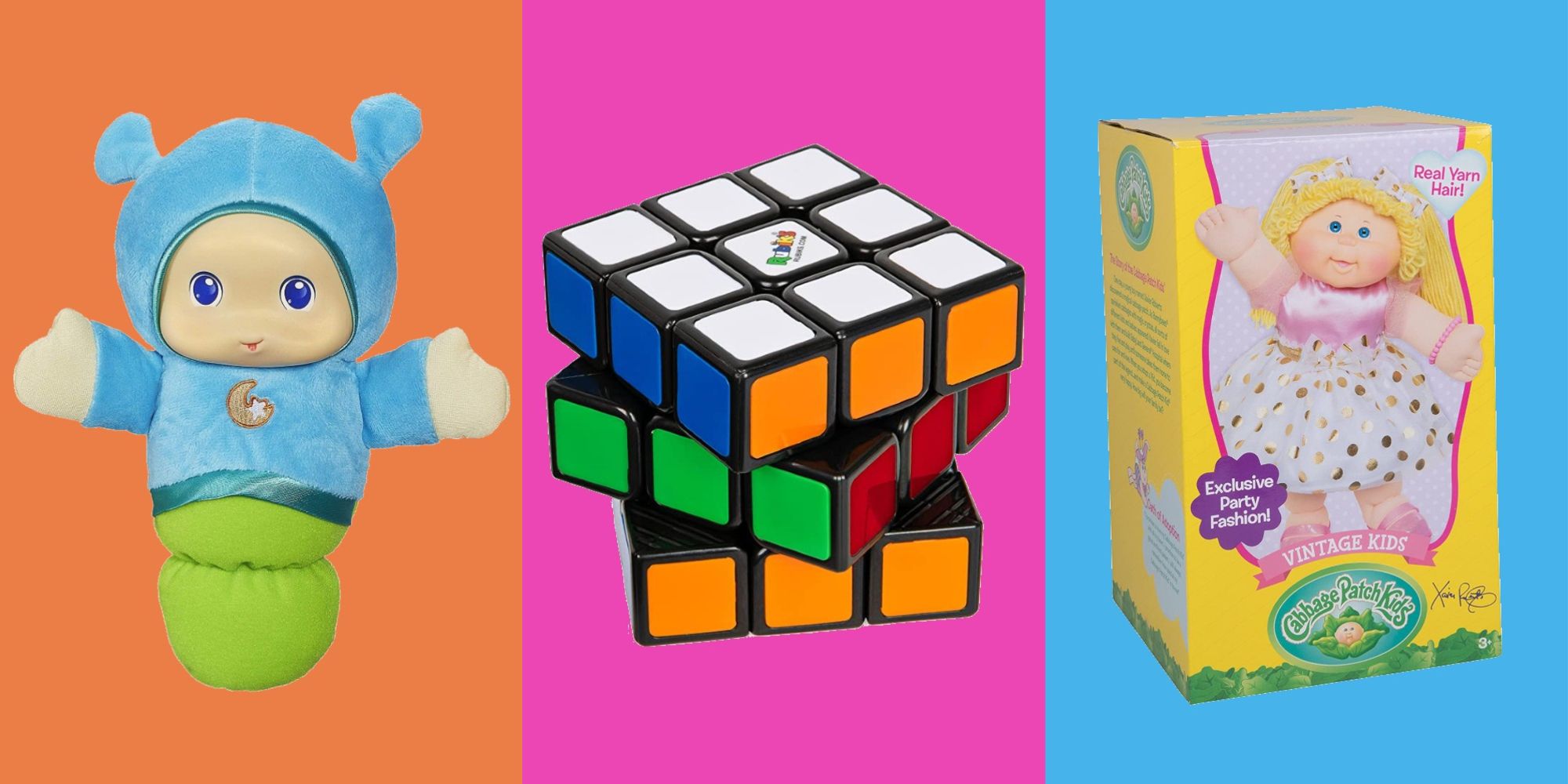 Split image of 80s toys: glo worm, rubik's cube, and cabbage patch doll