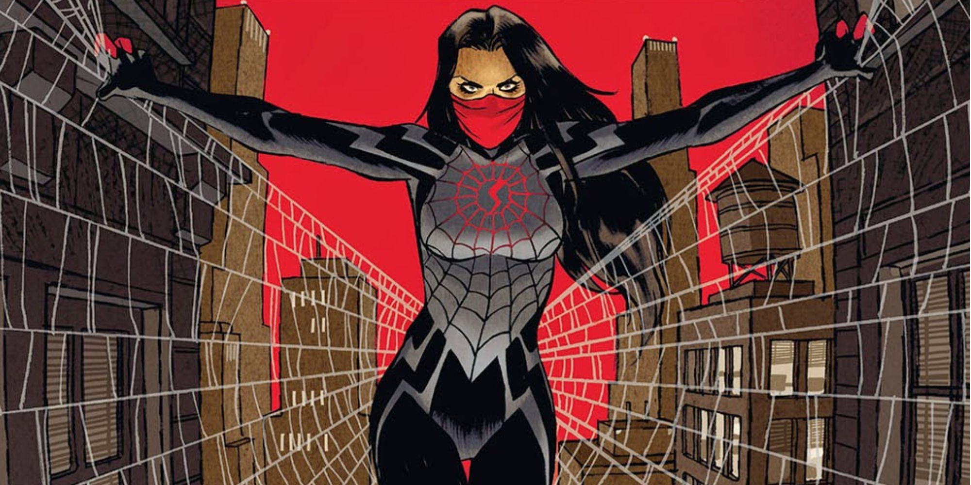 Silk sits in a web on the cover of Silk #1.