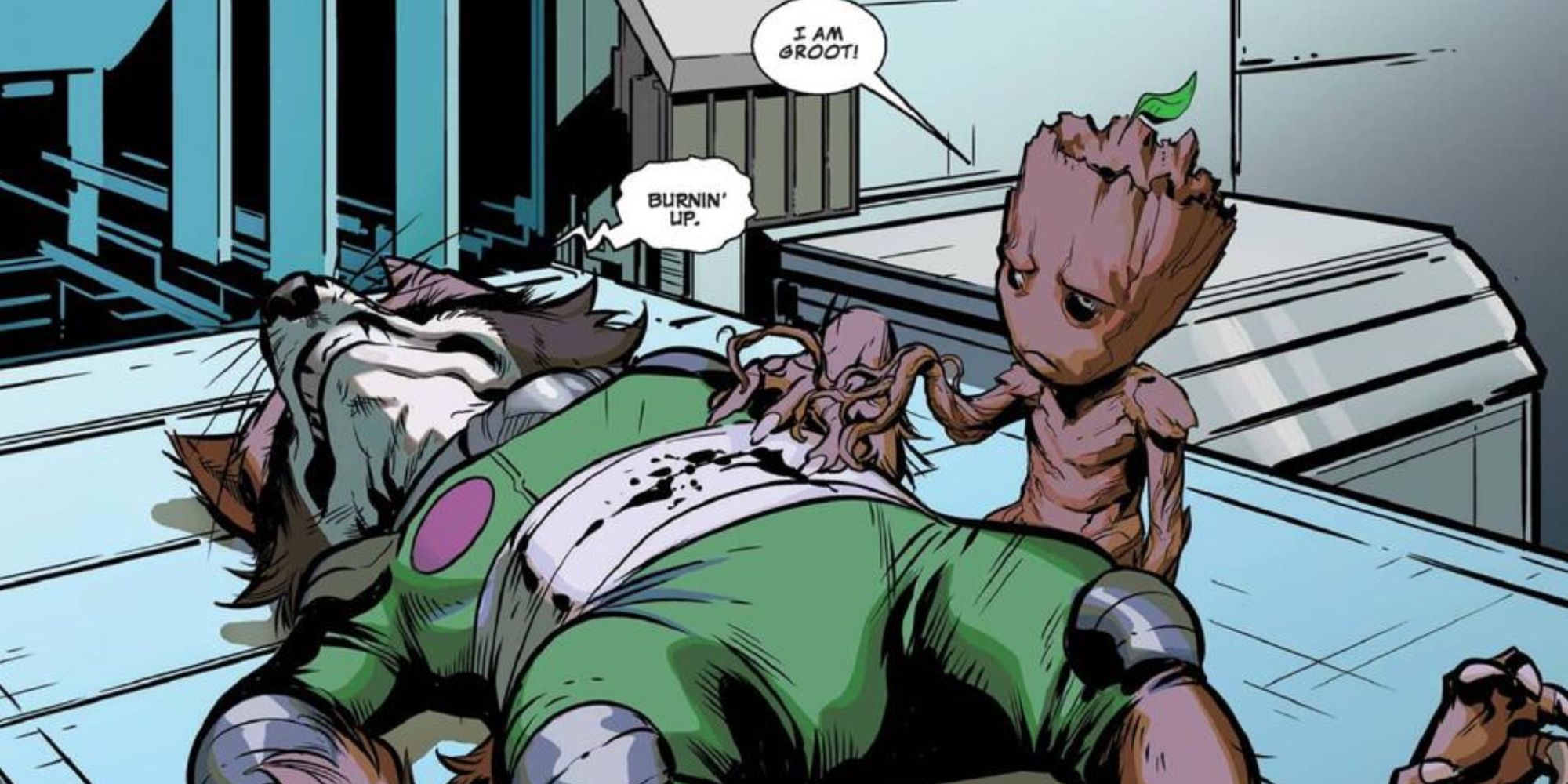 Baby Groot conforta um Rocket Raccoon ferido na Marvel Comics.