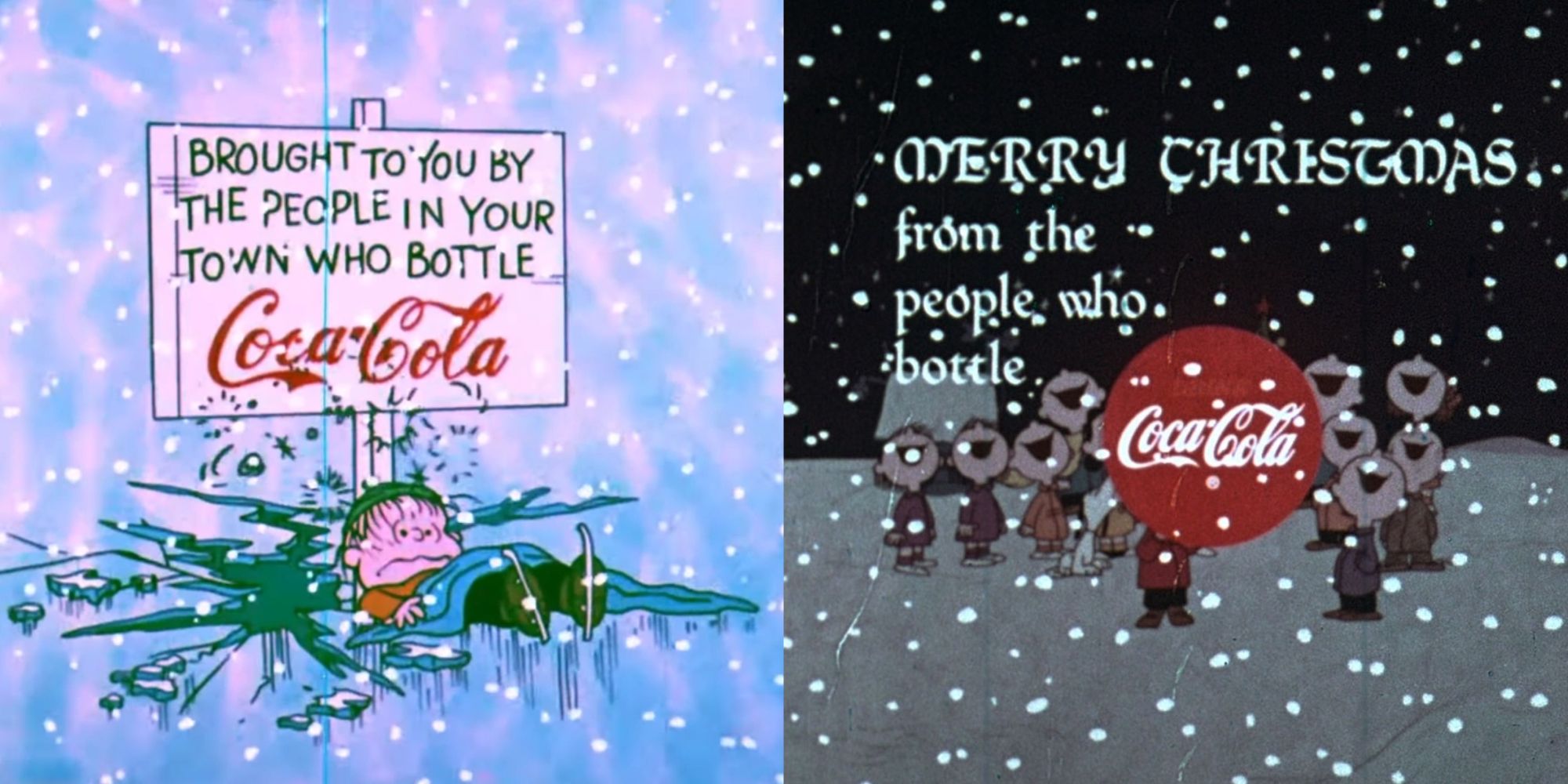 A split image of the original Coca Cola animated ads inserted into A Charlie Brown Christmas is shown.