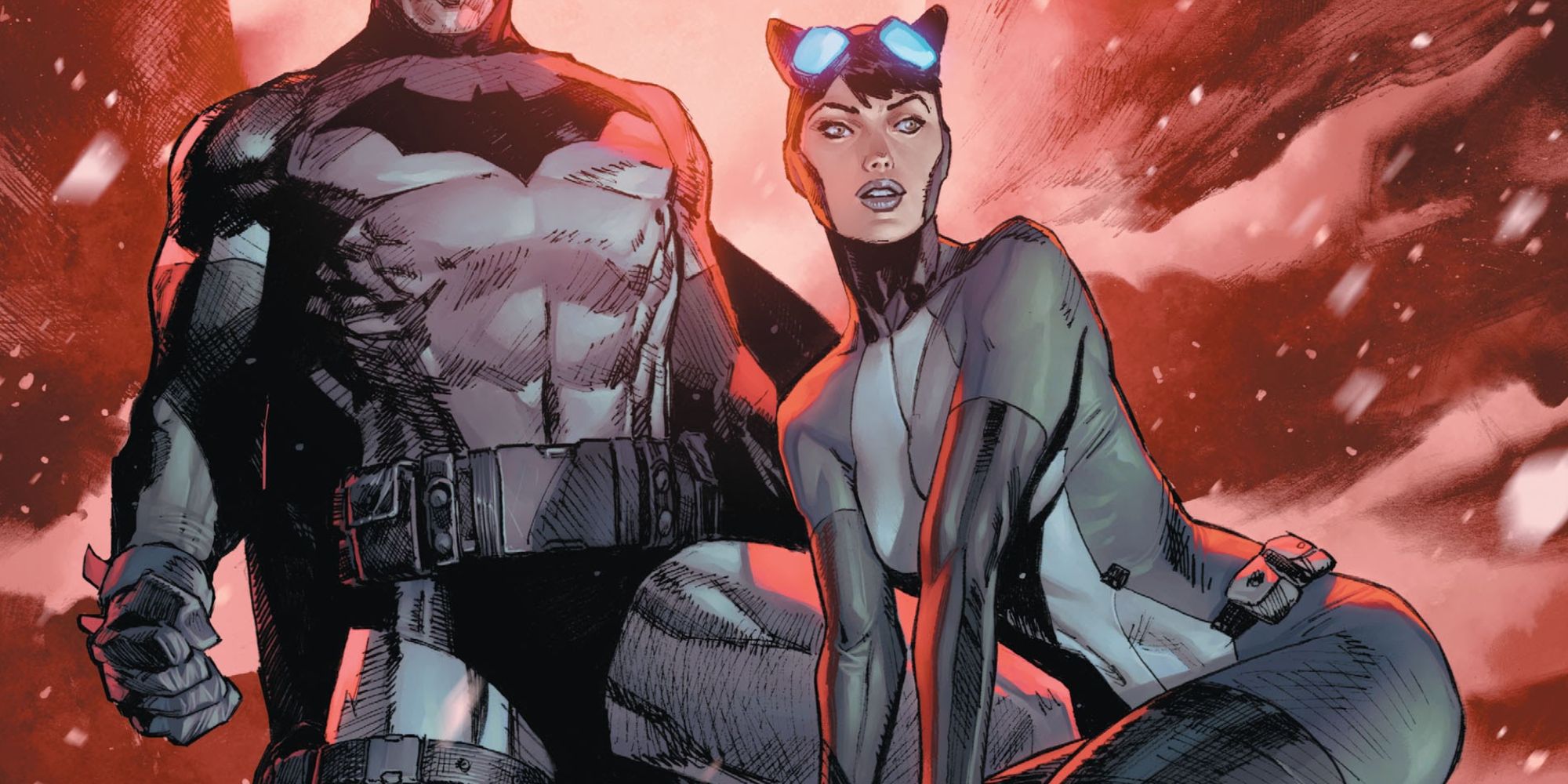 Catwoman empoleira-se em um prédio com Batman na DC Comics.