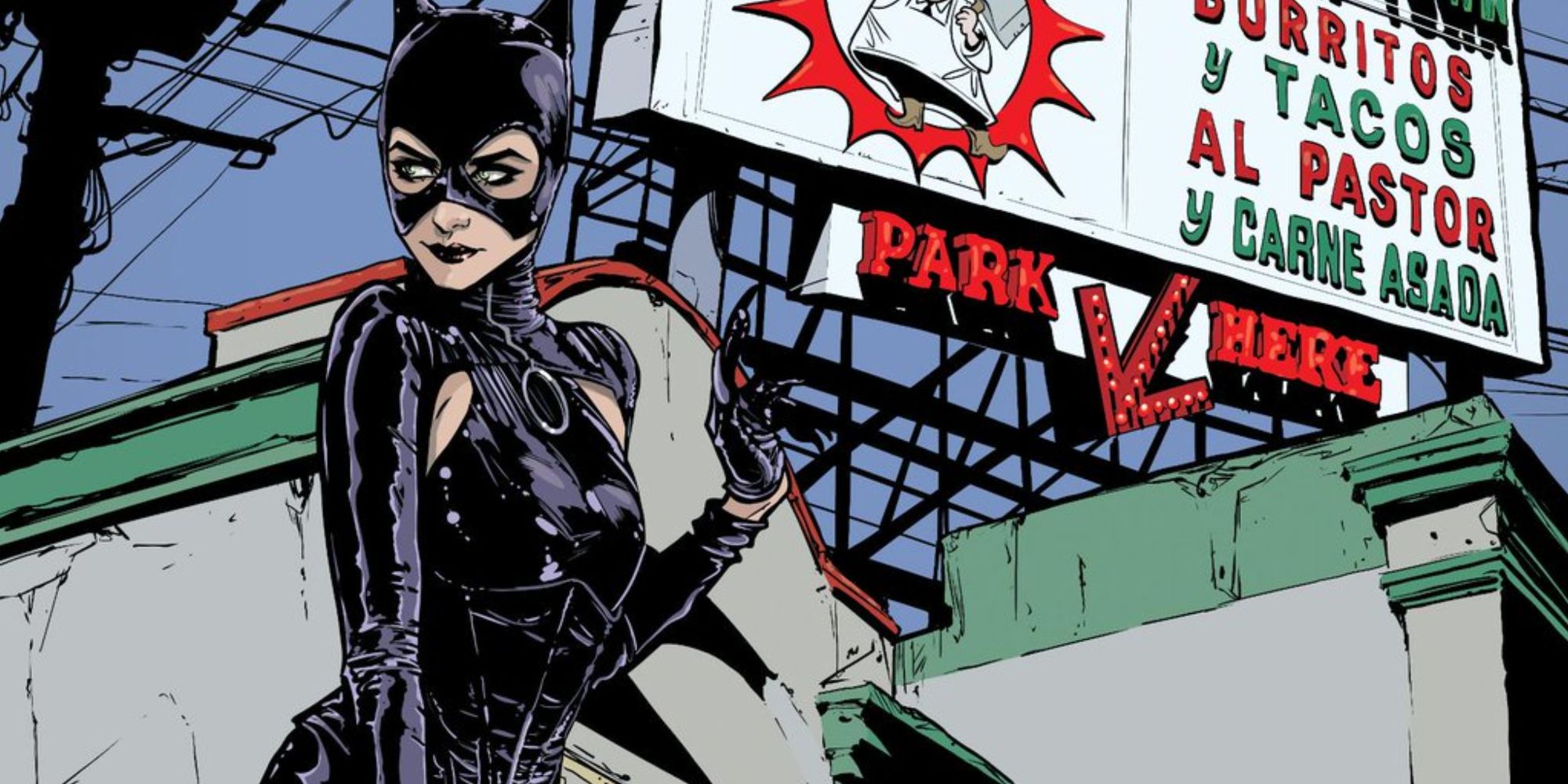 catwoman on skyscraper roof, leather costume