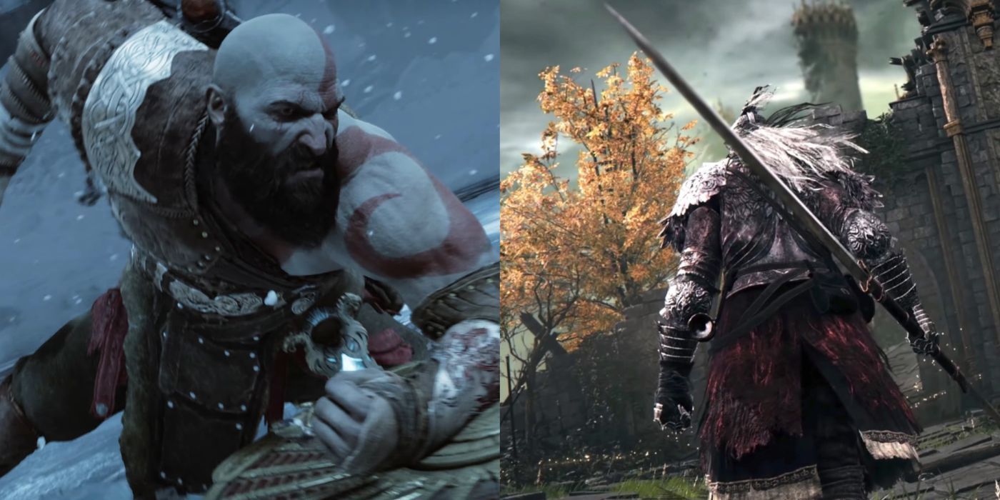 A split image of Kratos and the Tarnished from god of war ragnarok and elden ring.