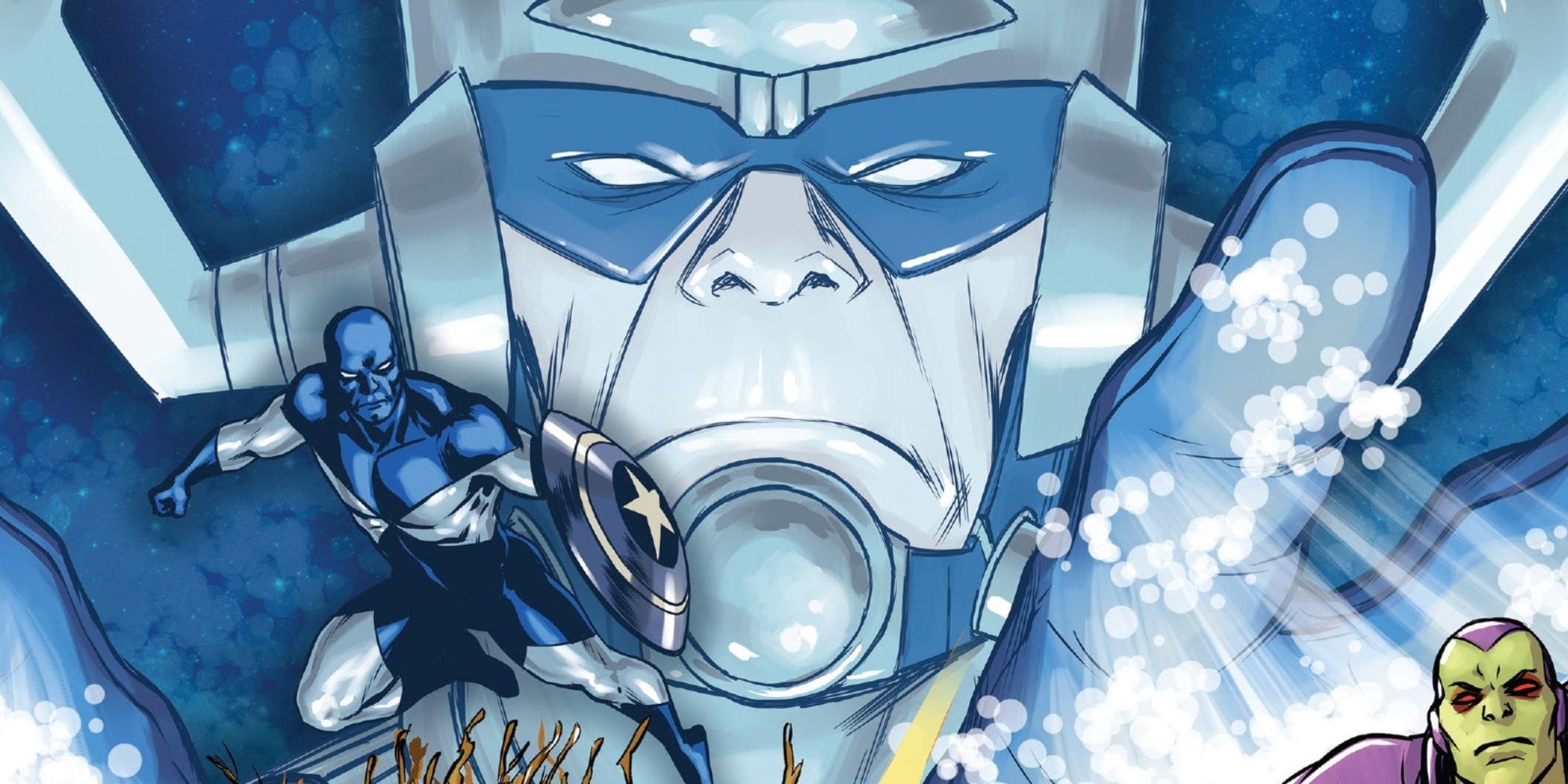 Major Victory flies in front of Galactus in Marvel Comics.