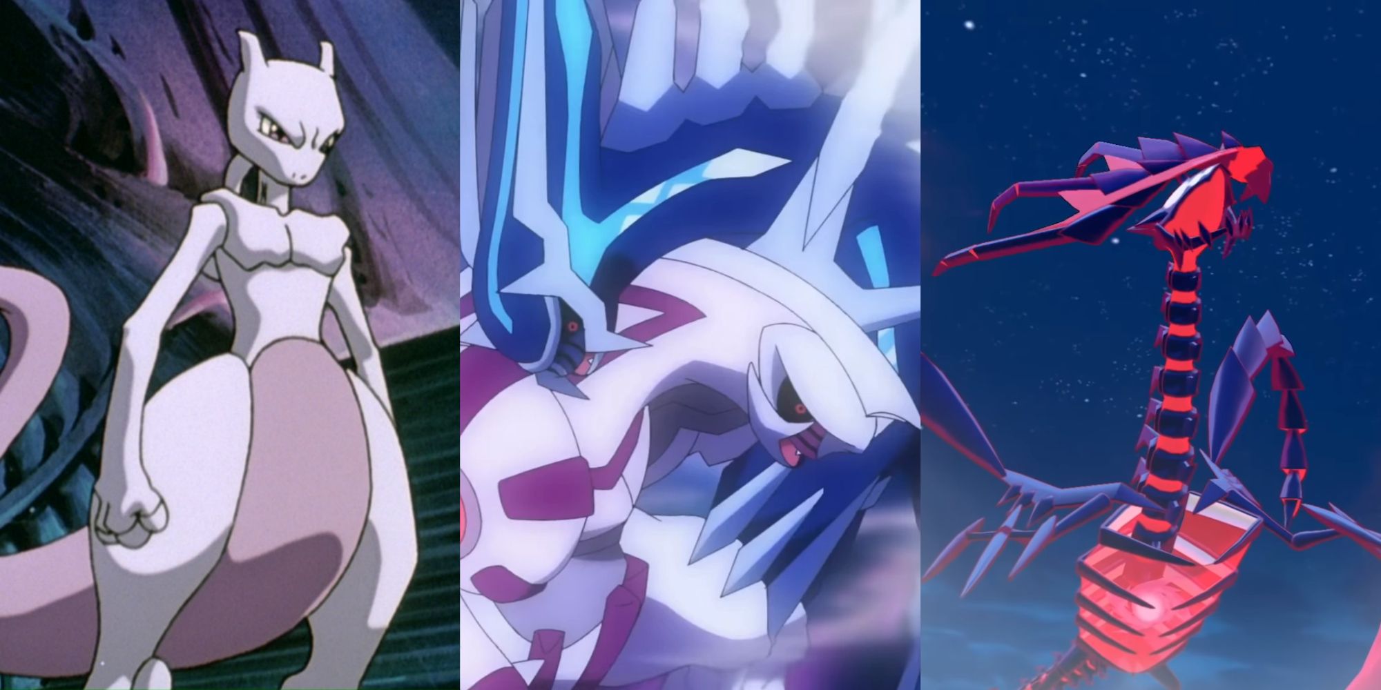 Mewtwo stares at Dialga and Palkia fighting while Eternatus screams