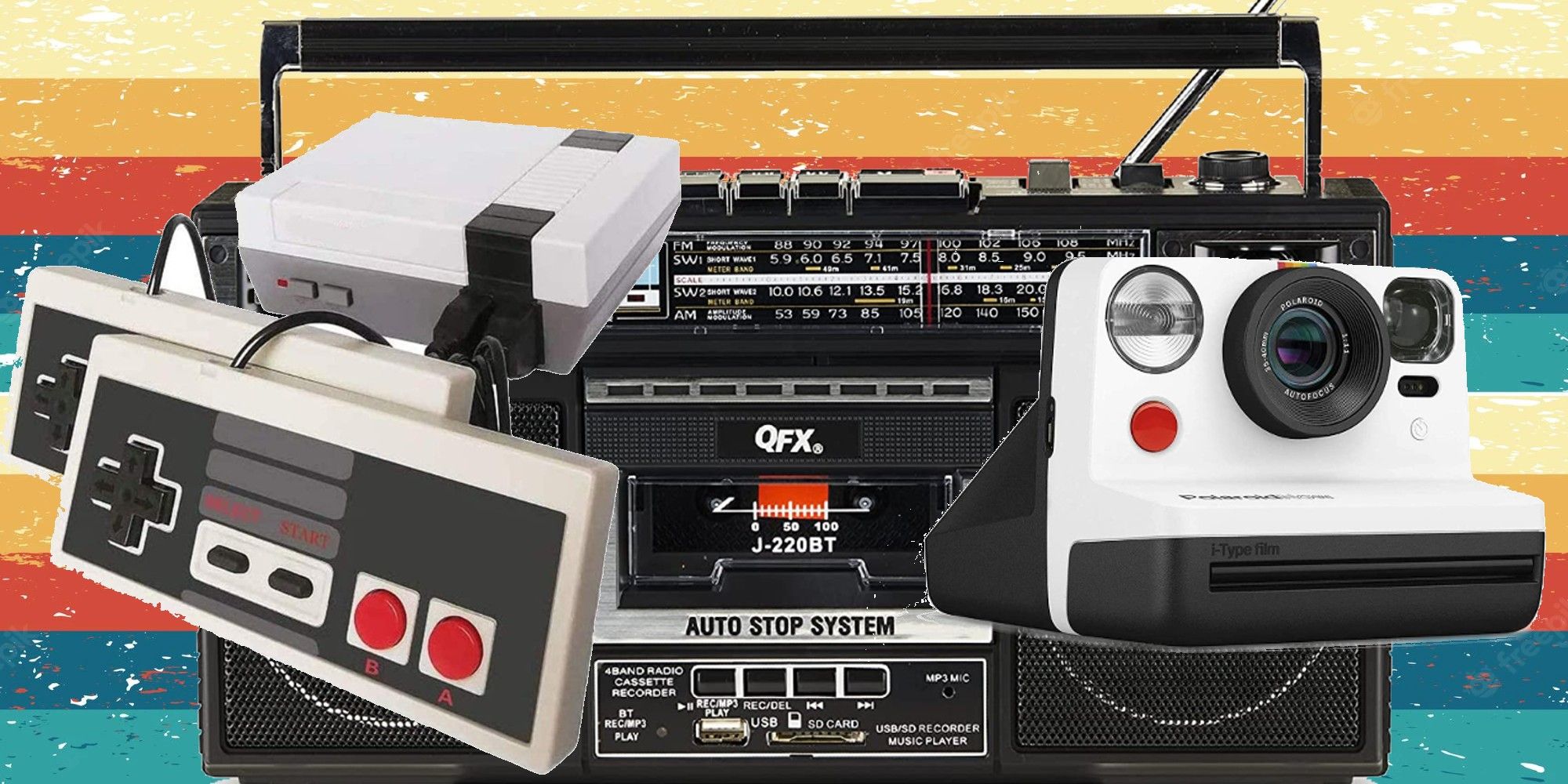 Collage of QFX Boombox Retro Console Game and Polaroid i-Type Instant Camera Amazon products