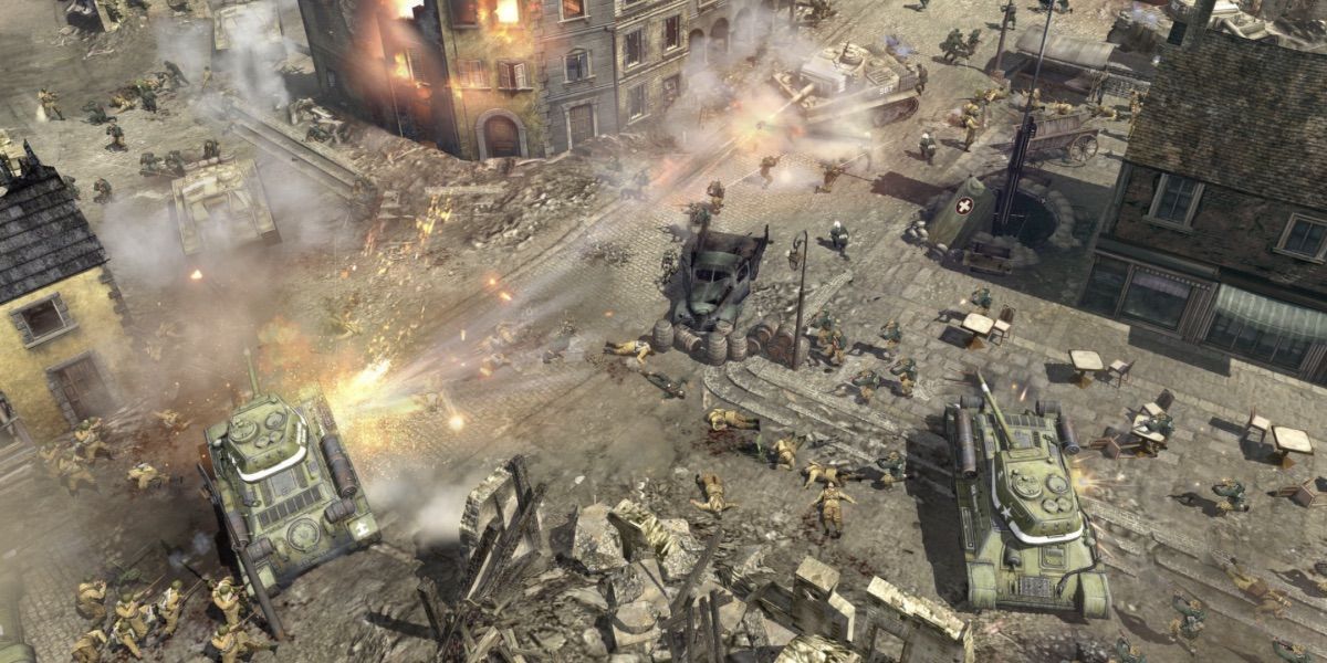 A large battle takes place in a city street from Company of Heroes 2