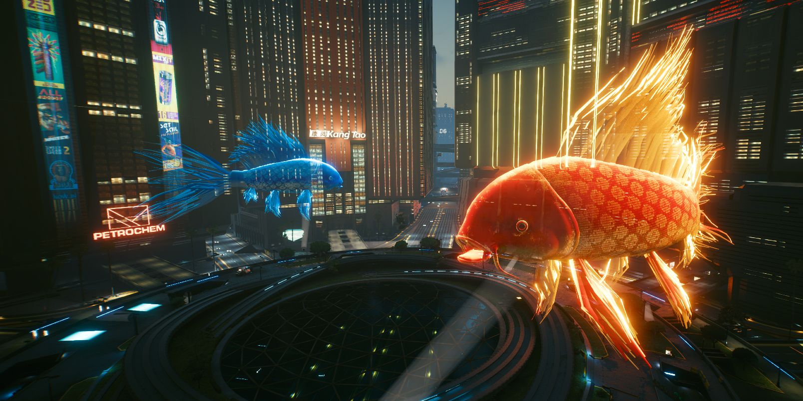 A shot of Cyberpunk 2077's Corpo Plaza and the glowing goldfish.
