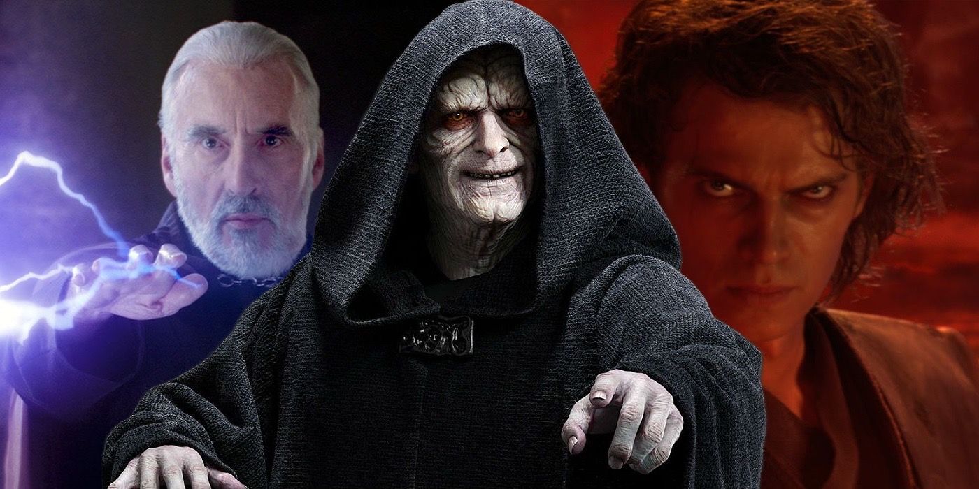 An image showing Count Dooku to the left, Anakin Skywalker to the right, and Emperor Palpatine in the middle