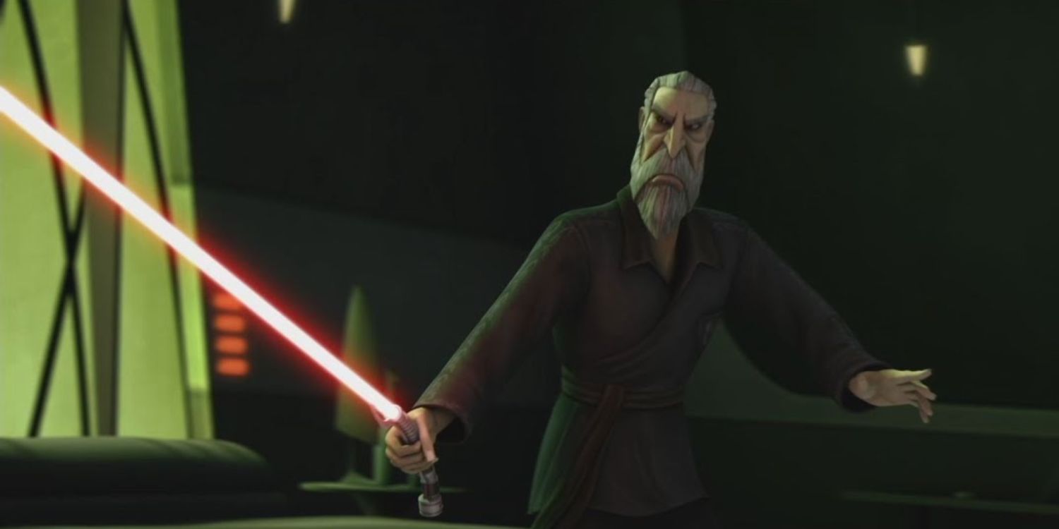 Conde Dooku segurando seu sabre de luz em The Clone Wars