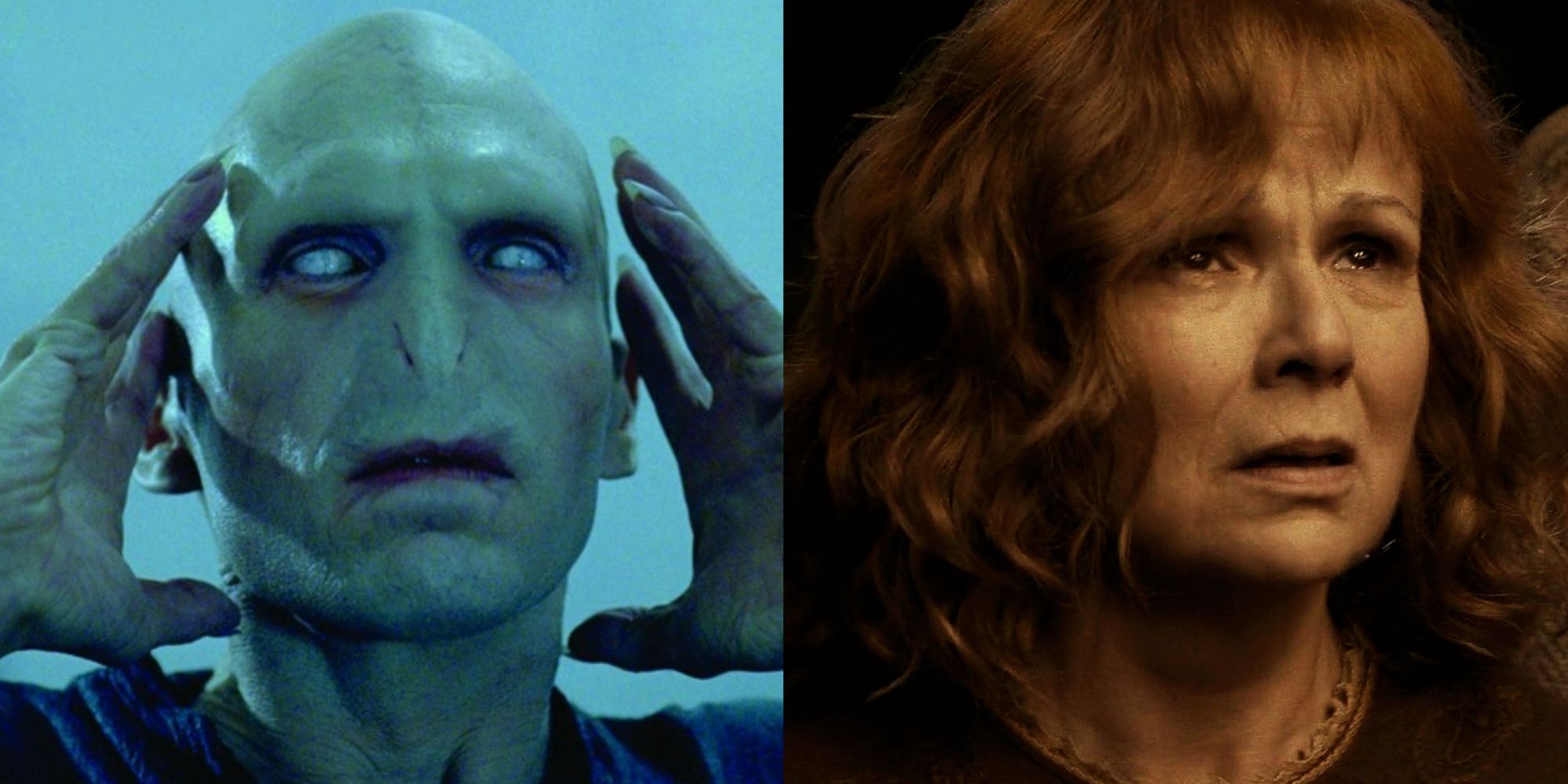 A split image showing Voldemort on the left and Molly Weasley on the right from Harry Potter. 