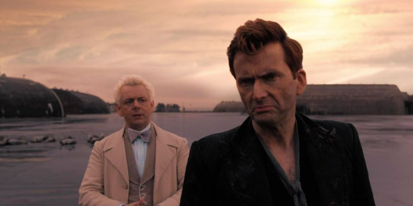 Crowley frowning while Aziraphale nervously looks at him in Good Omens