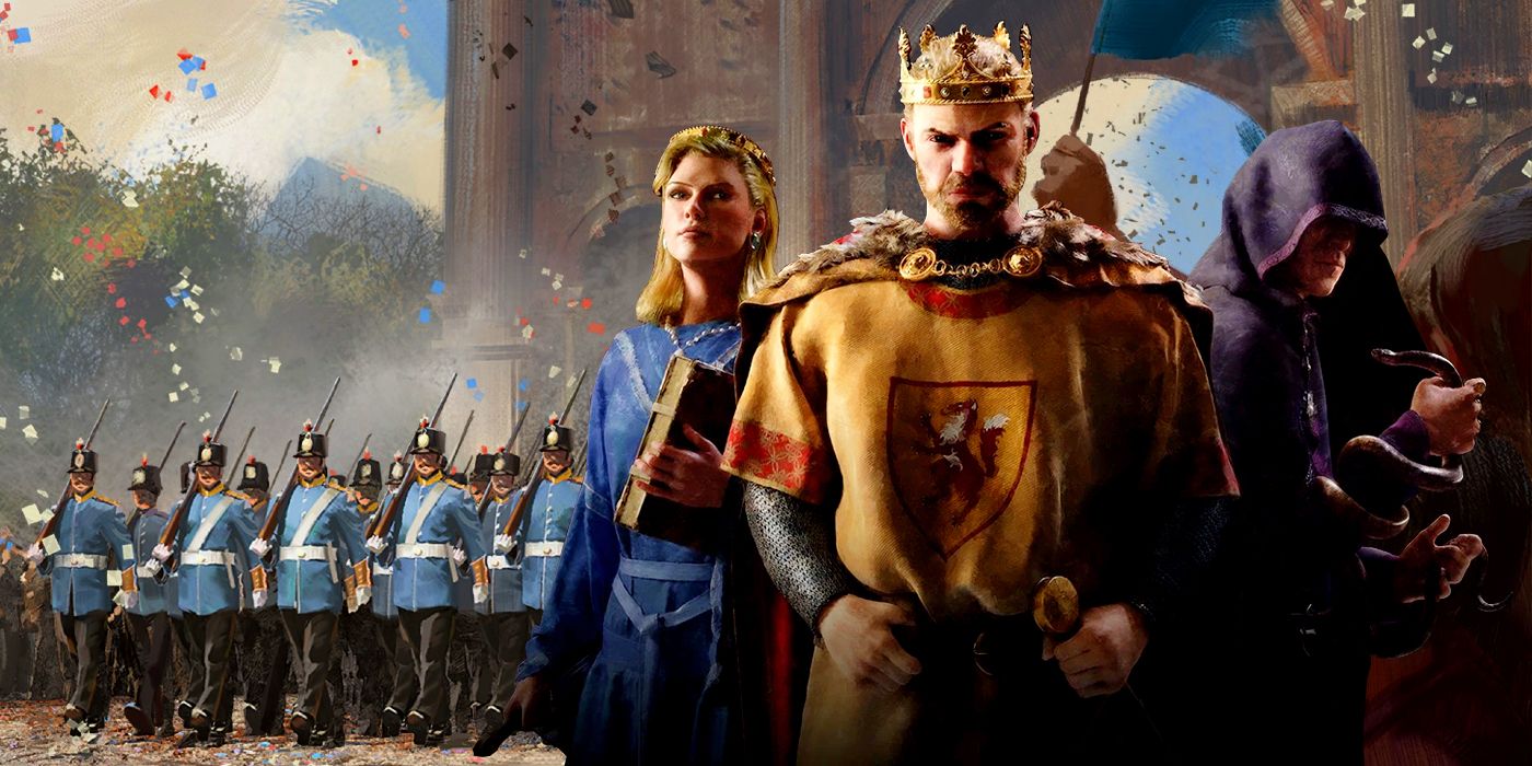 The cover characters from Crusader Kings 3 in front of marching soldiers from Victoria 3 artwork.