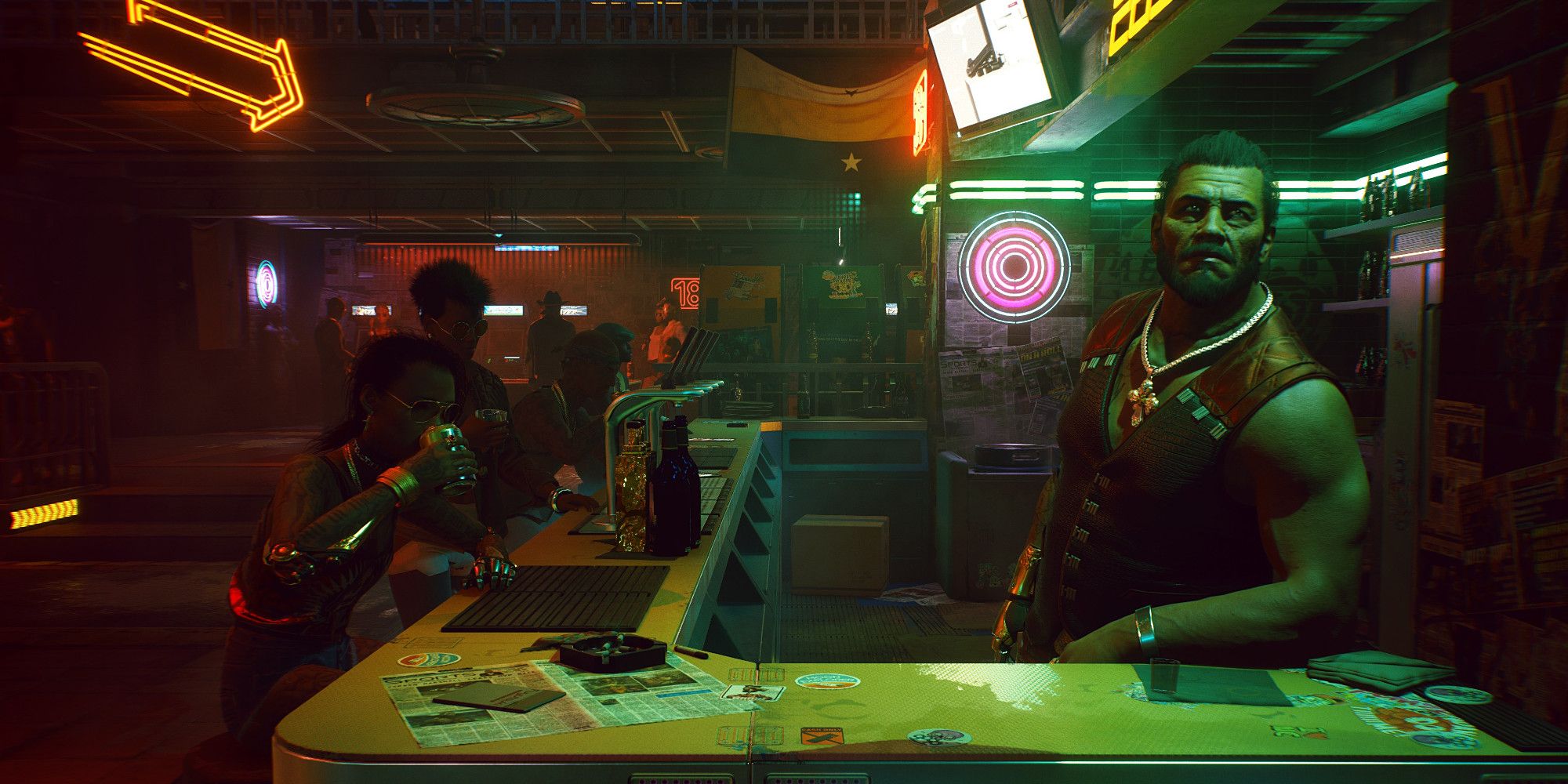 Screenshot of a dive bar in Cyberpunk 2077