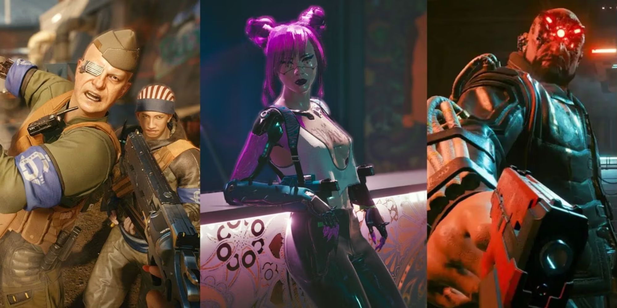 Three images of gang members from Cyberpunk 2077