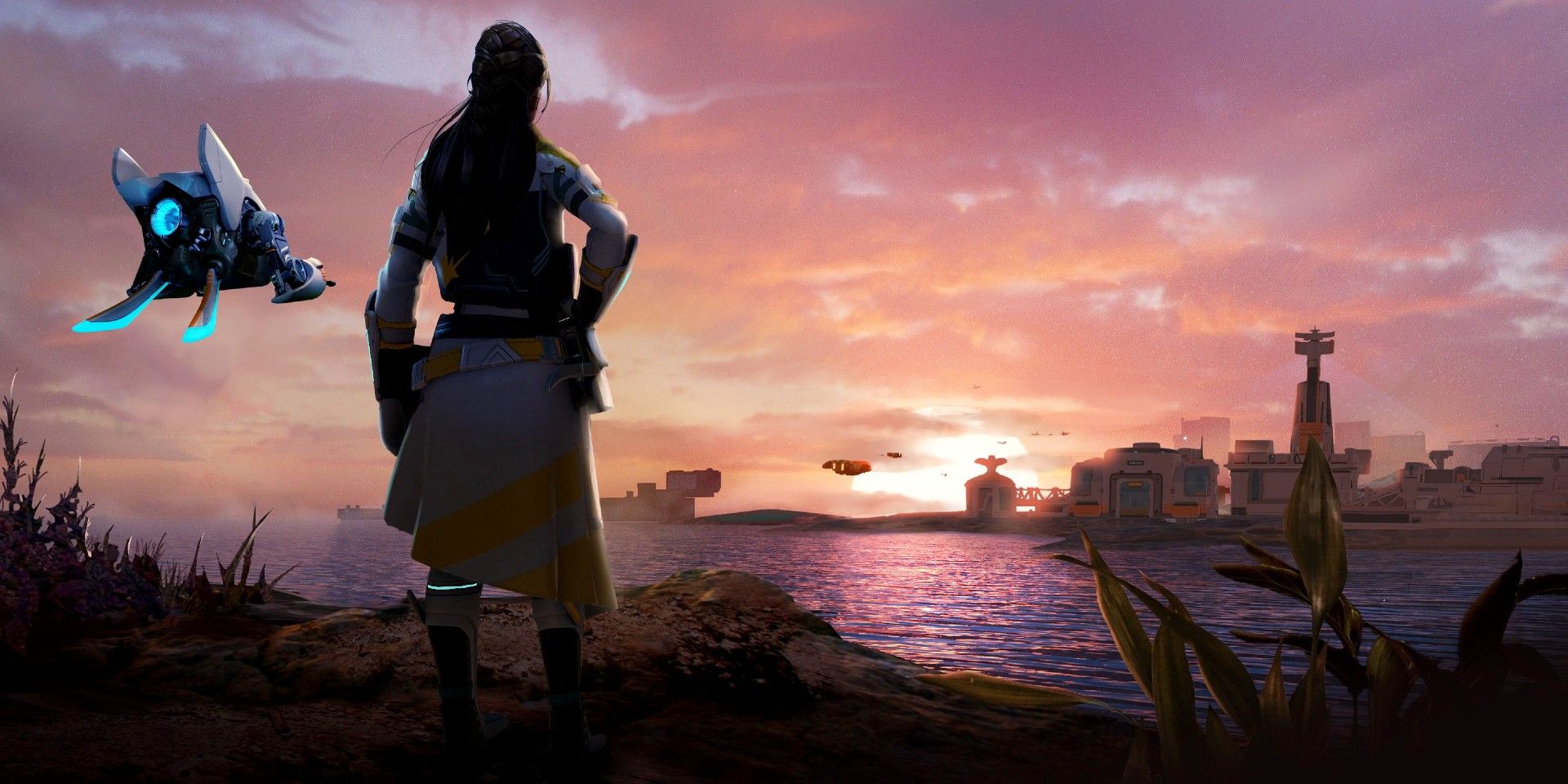 Cygnus Enterprises protagonist staring at a sunset and futuristic building with a flying silver robot by her side.