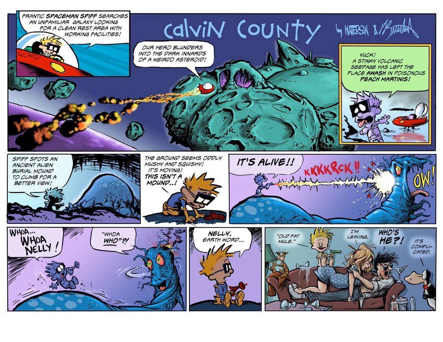 Une image d'une bande multi-panneaux mashup du comté de Bloom / Calvin et Hobbes est montrée.