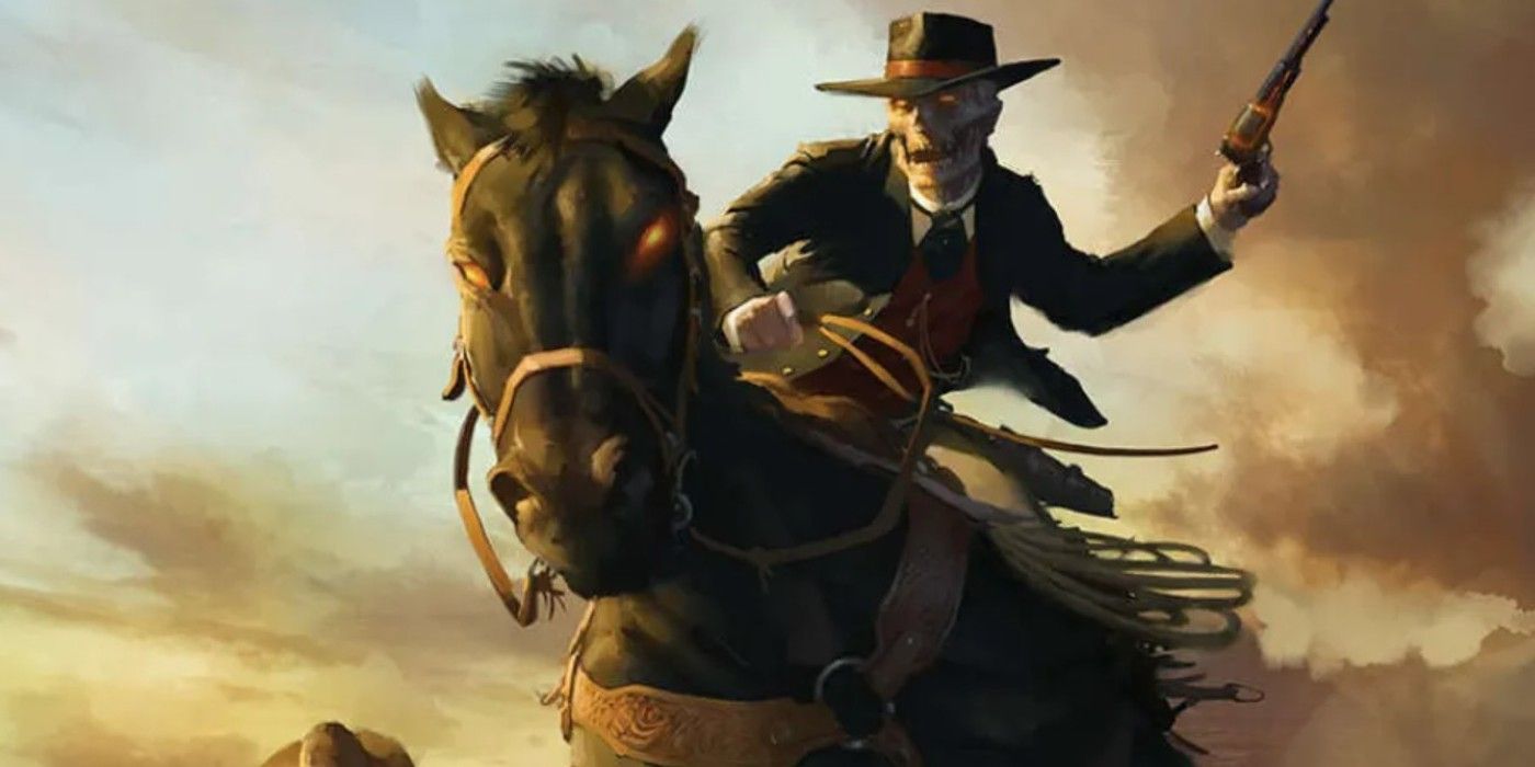 Artwork for the Deadlands TTRPG, showing a skeleton man riding a horse.