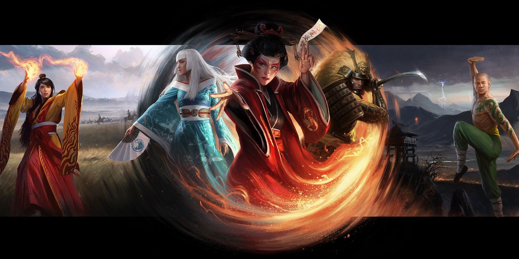 Arte promocional de Legend of the Five Rings, um TTRPG influenciado pela fantasia oriental.