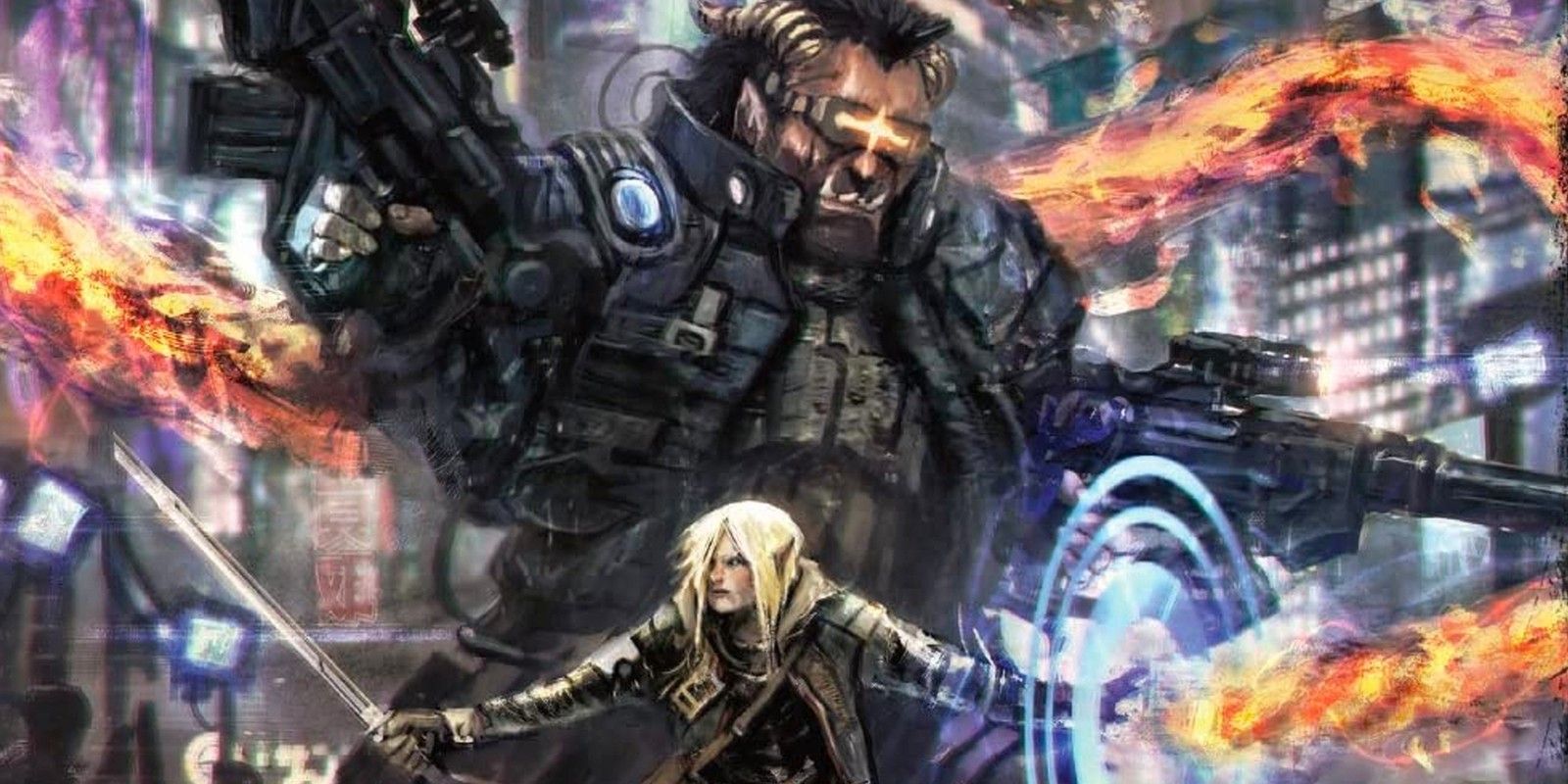 Artwork from Shadowrun 6e, showing cyberpunk characters using fantasy magic.