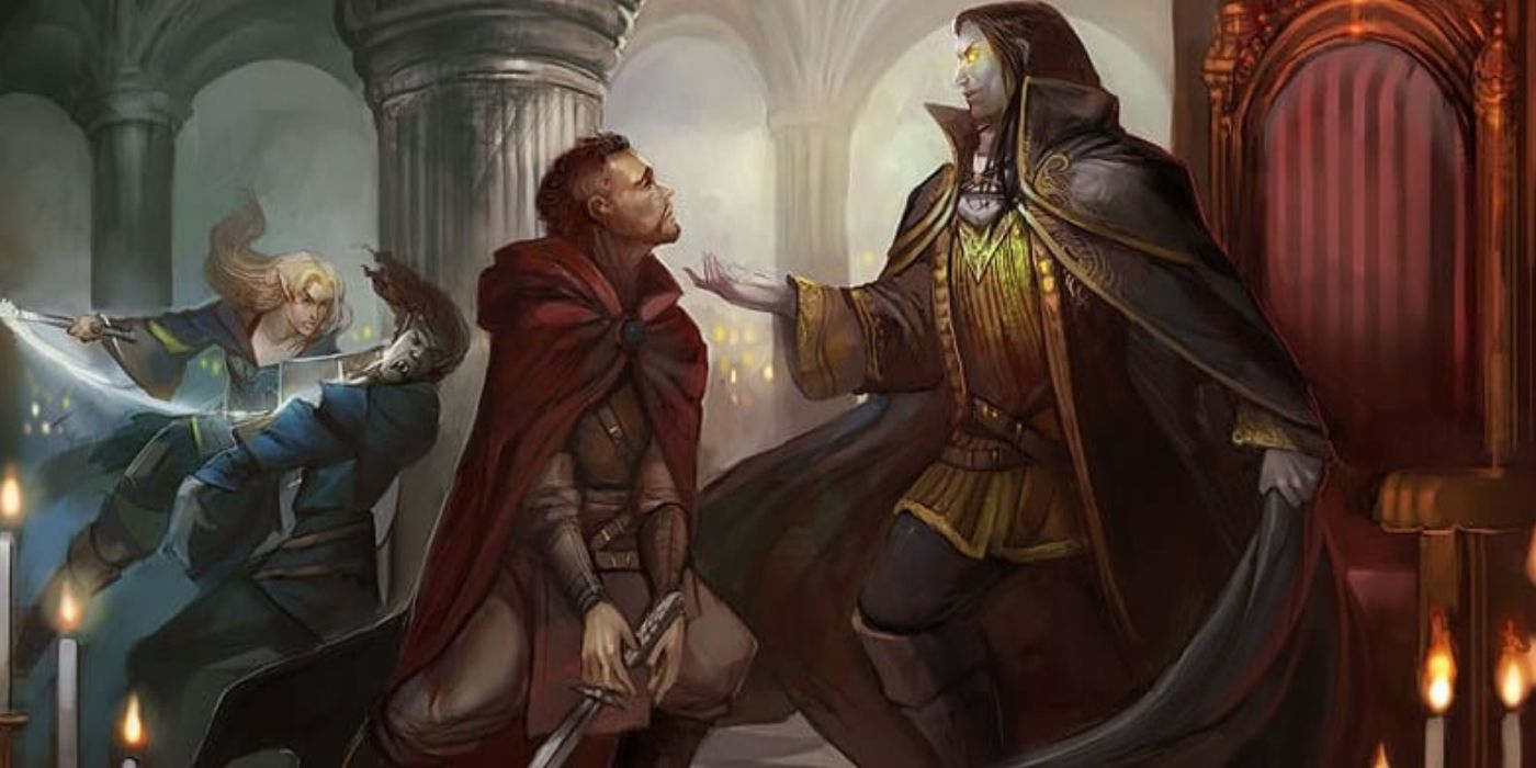regal D&D character uses charm on another player while a third character flies in from the background