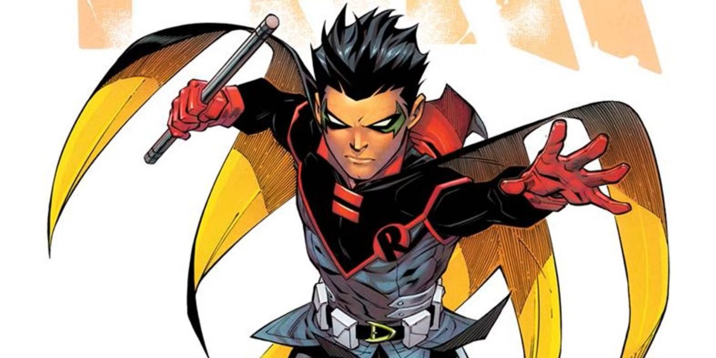 Damian Wayne pulando como Robin nos quadrinhos.
