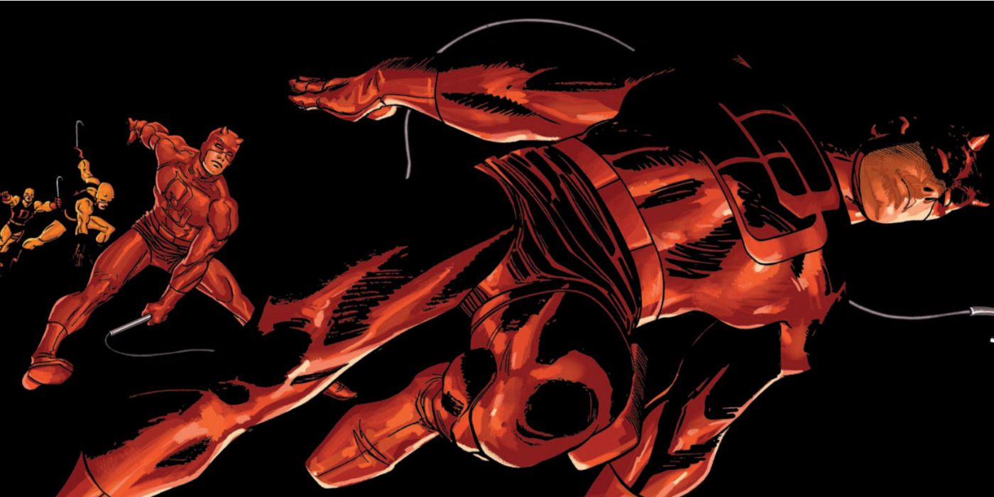 Daredevil leaping from his yellow to red suit in The Man Without Fear art.