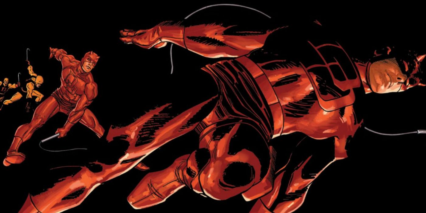 Daredevil leaping from his yellow to red suit in The Man Without Fear art.