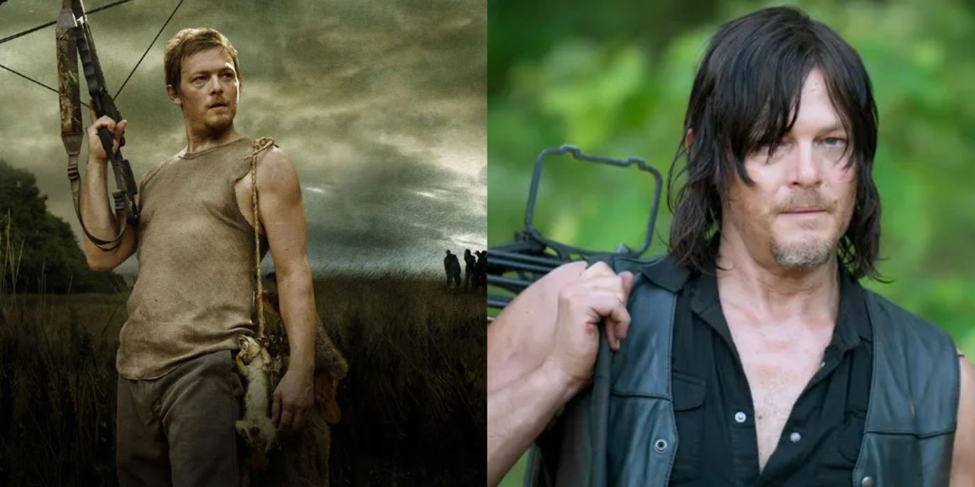 Daryl memegang panahnya di musim pertama di sampingnya dengan panah di punggungnya di musim The Walking Dead selanjutnya. 
