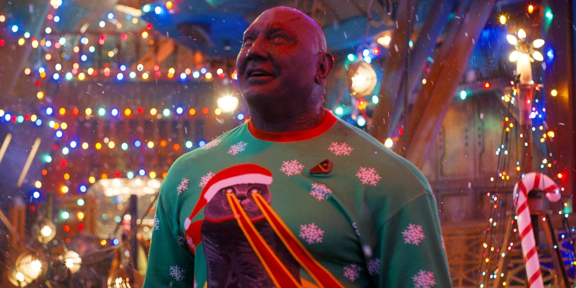 Dave Bautista as Drax wearing a Christmas sweater in the Guardians of the Galaxy Holiday Special